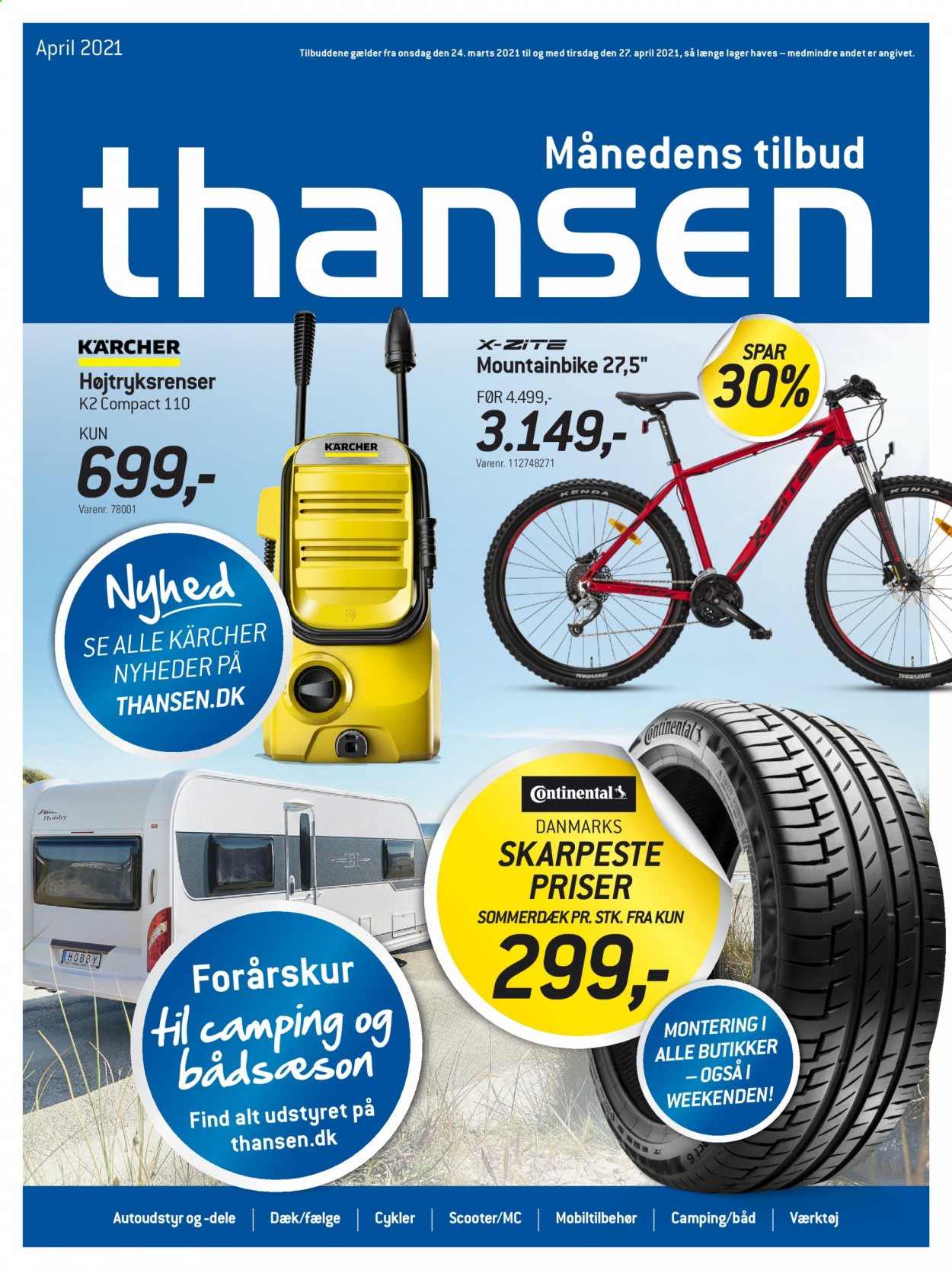 thumbnail - Thansen tilbud  - 24.3.2021 - 27.4.2021 - tilbudsprodukter - cykel, mountainbike, Kärcher, højtryksrenser. Side 1.