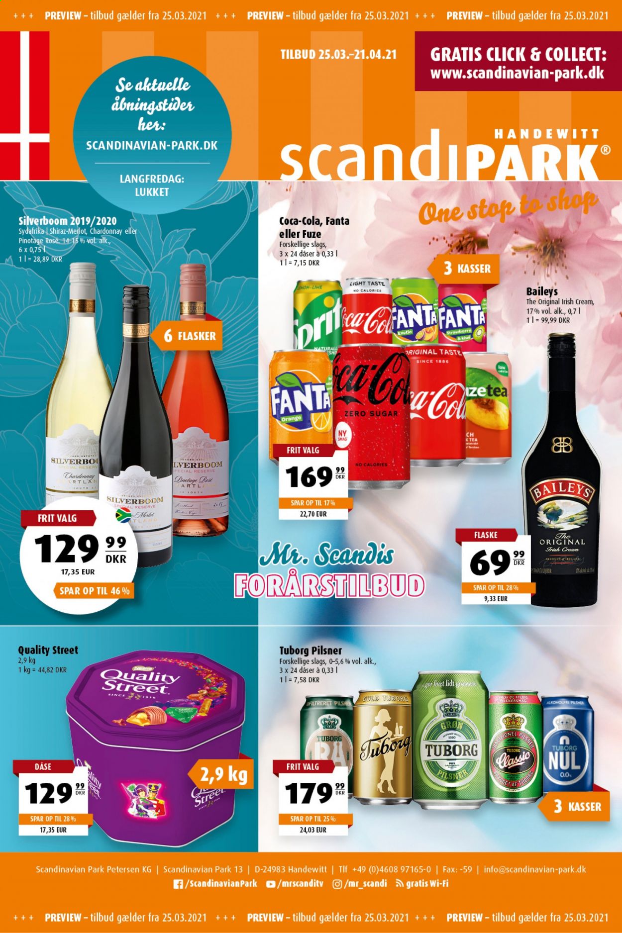 thumbnail - Scandinavian Park tilbud  - 25.3.2021 - 21.4.2021 - tilbudsprodukter - Lime, Tuborg, Coca-Cola, Fanta, Chardonnay, Merlot. Side 1.