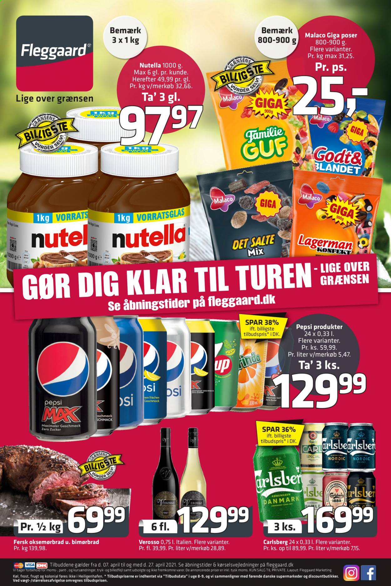 thumbnail - Fleggaard tilbud  - 7.4.2021 - 27.4.2021 - tilbudsprodukter - oksemørbrad, Carlsberg, Nutella, Pepsi. Side 1.