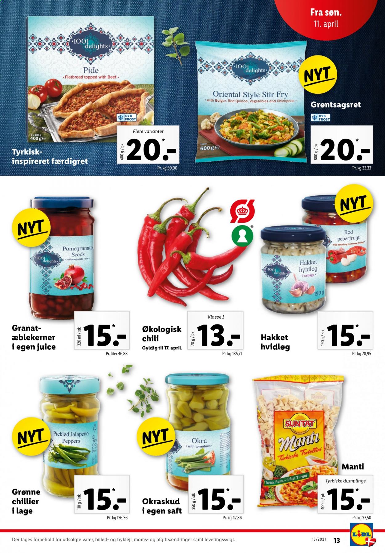 thumbnail - Lidl tilbud  - 11.4.2021 - 17.4.2021 - tilbudsprodukter - hvidløg, okra, peberfrugt, bulgur, pasta, quinoa, tortellini, chili, saft. Side 13.