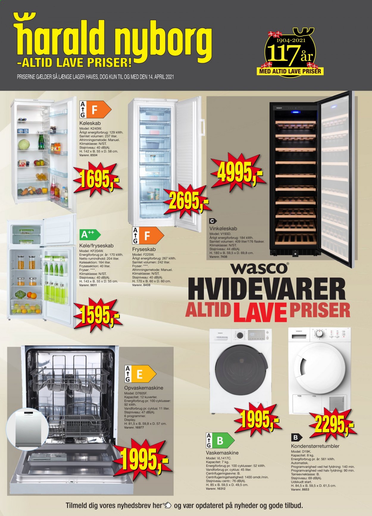 thumbnail - Harald Nyborg tilbud  - 8.4.2021 - 14.4.2021 - tilbudsprodukter - fryser, køleskab, vinkøleskab, opvaskemaskine. Side 1.