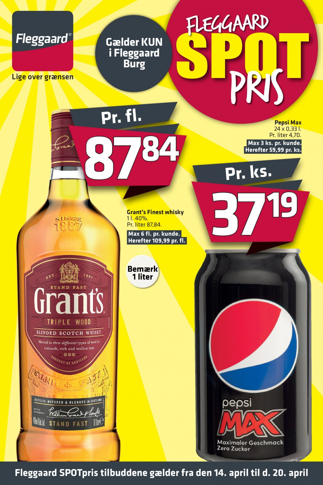 thumbnail - Fleggaard tilbud  - 14.4.2021 - 20.4.2021 - tilbudsprodukter - Pepsi, Pepsi Max, Grant‘s, whisky. Side 1.