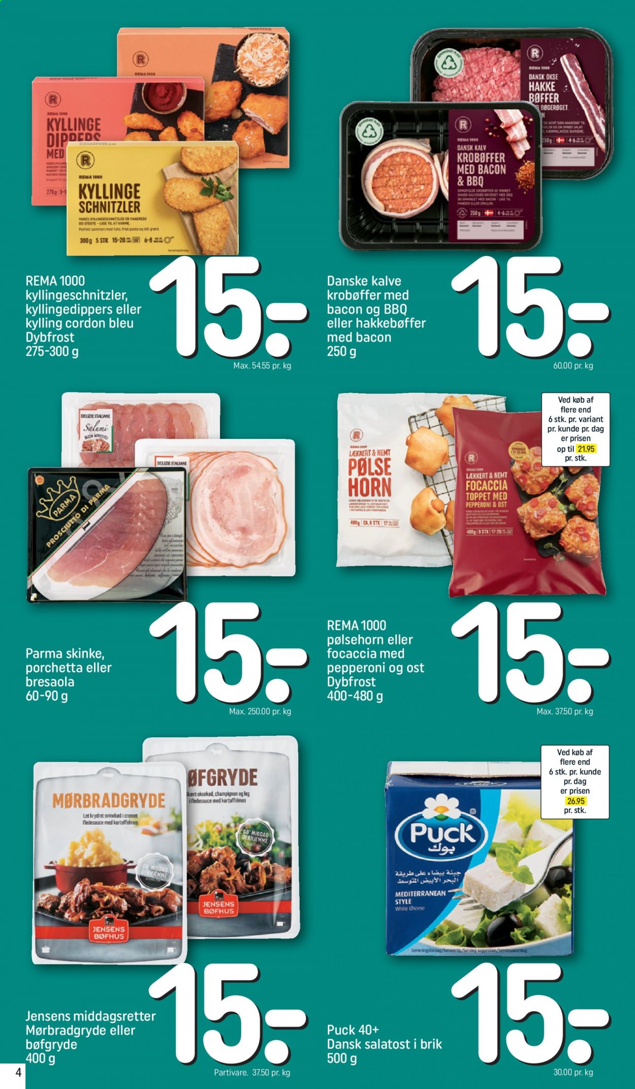 thumbnail - Rema 1000 tilbud  - 18.4.2021 - 24.4.2021 - tilbudsprodukter - hakket oksekød, champignon, kylling, salat, bacon, Bresaola, prosciutto. Side 4.