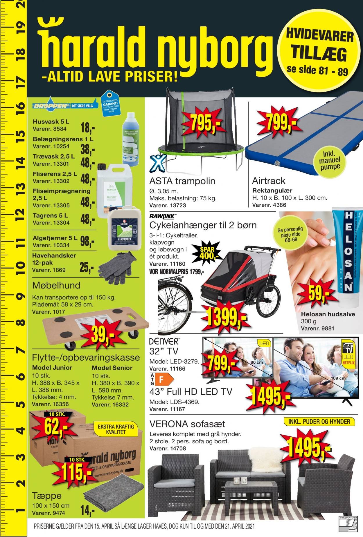 thumbnail - Harald Nyborg tilbud  - 15.4.2021 - 21.4.2021 - tilbudsprodukter - LED TV, møbelhund, bord, sofa, sofasæt, trampolin, tæppe. Side 1.