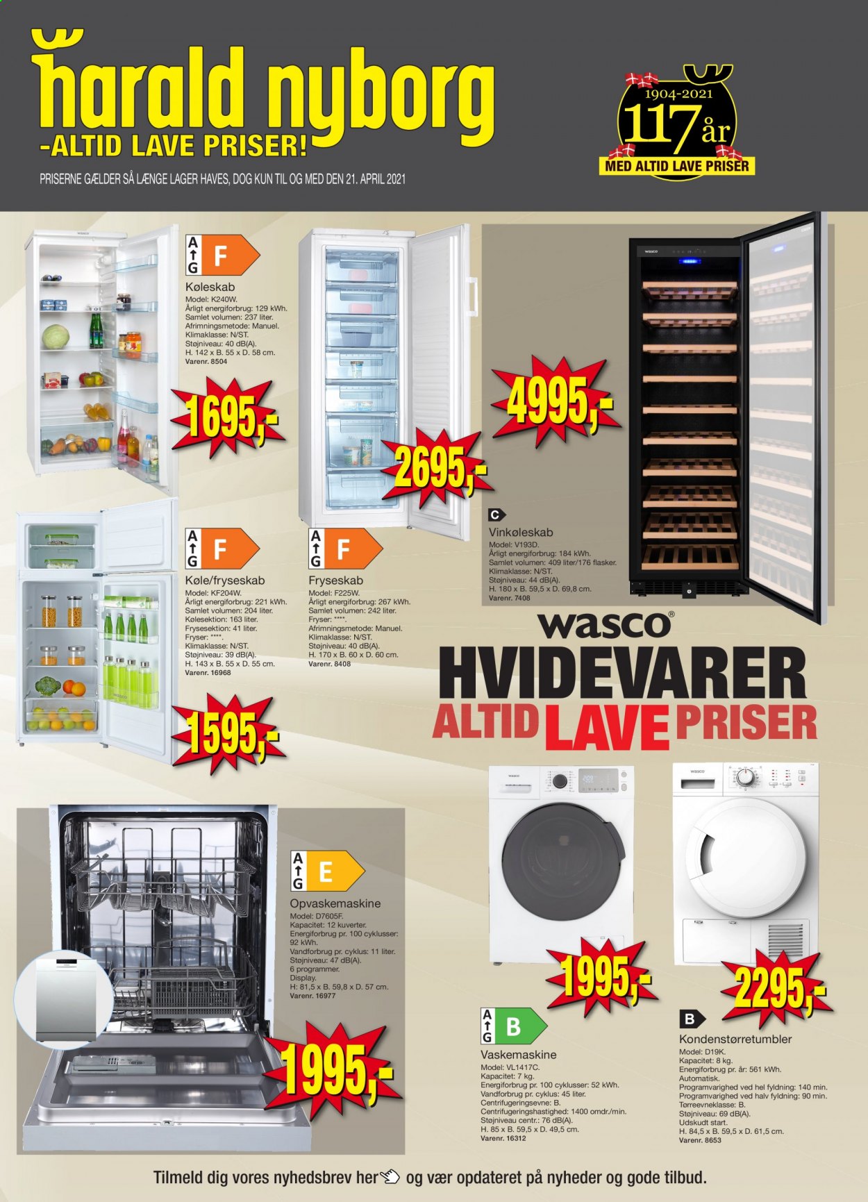 thumbnail - Harald Nyborg tilbud  - 16.4.2021 - 21.4.2021 - tilbudsprodukter - fryser, køleskab, vinkøleskab, opvaskemaskine. Side 1.