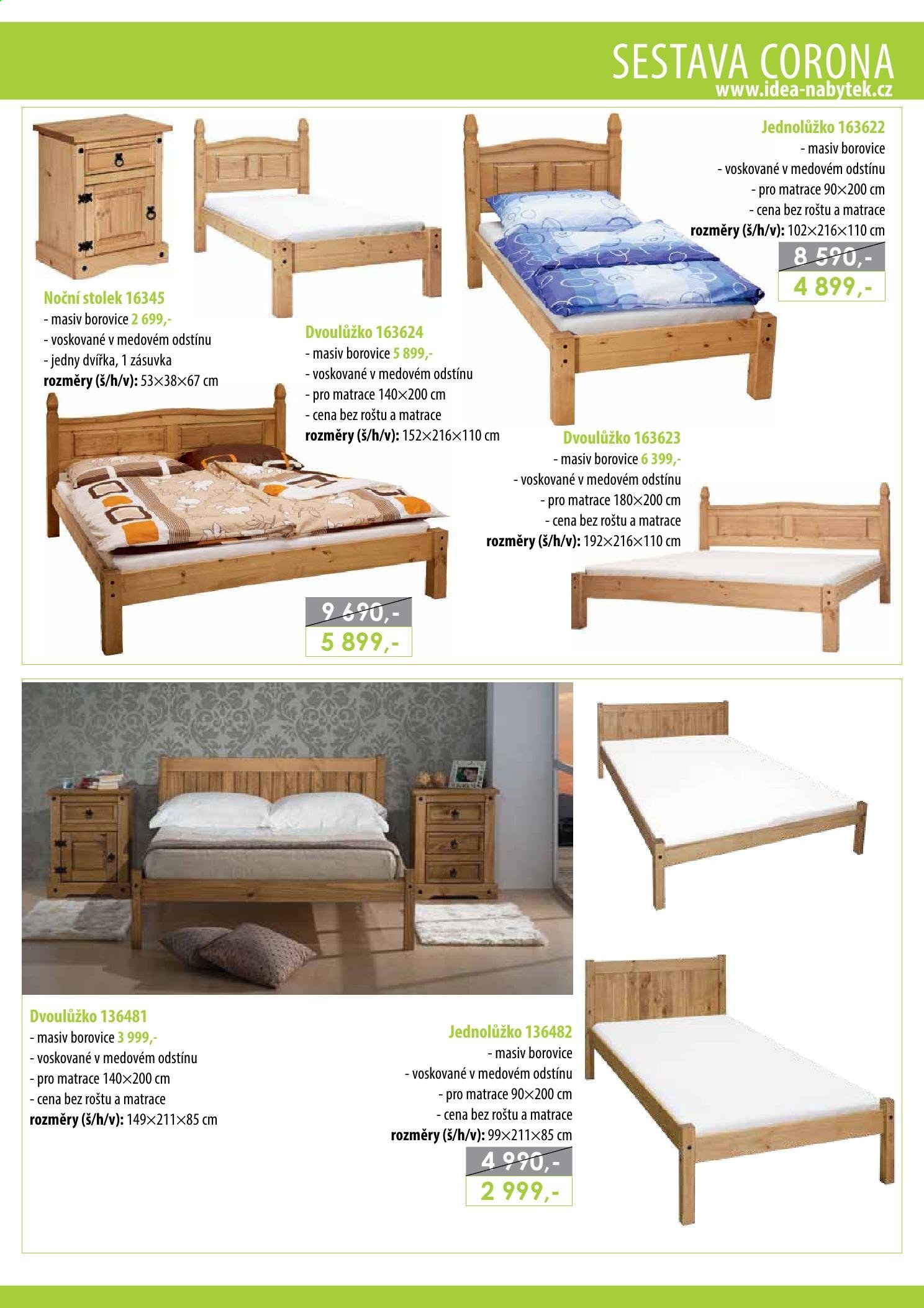thumbnail - Leták IDEA nábytek - Produkty v akci - stolek, dvoulůžko, postel, matrace, noční stolek. Strana 85.