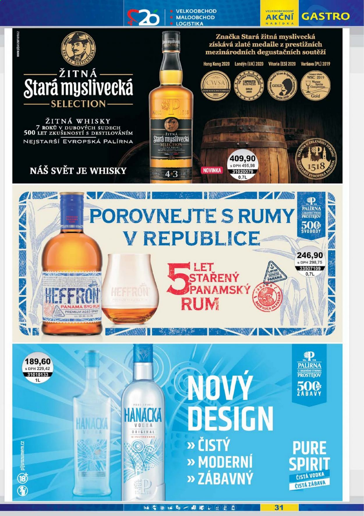 thumbnail - Leták JIP - 1.1.2021 - 31.1.2021 - Produkty v akci - alkohol, míchaný nápoj, Gold Selection, Stará Myslivecká, vodka, rum, whisky, Heffron. Strana 31.