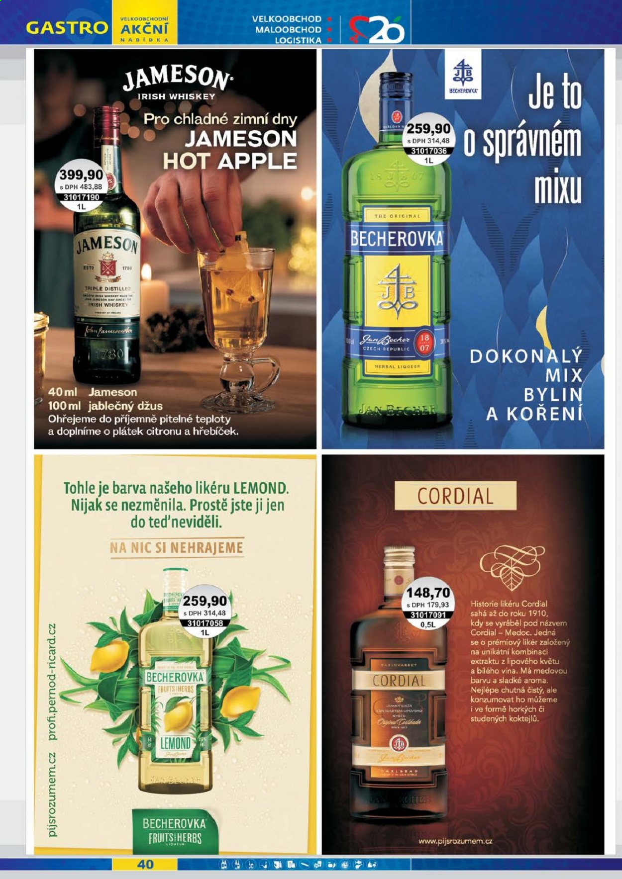 thumbnail - Leták JIP - 1.1.2021 - 31.1.2021 - Produkty v akci - hřebíček, džus, jablečný džus, alkohol, víno, Jameson, whisky, Becherovka, likér, bylinný likér. Strana 40.