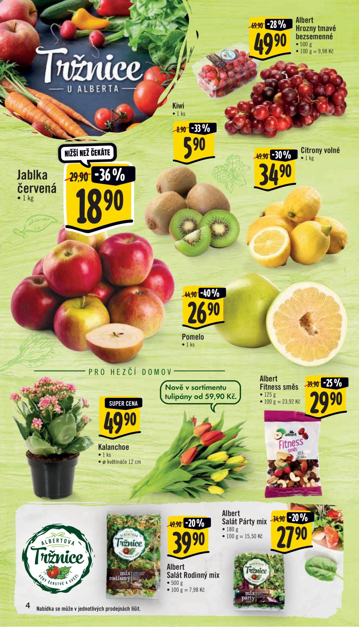 thumbnail - Leták Albert Supermarket - 4.1.2021 - 12.1.2021 - Produkty v akci - salát, salátový mix, kiwi, citróny, jablka, hrozny, pomelo, směs ořechů a ovoce, kalanchoe, tulipány. Strana 4.