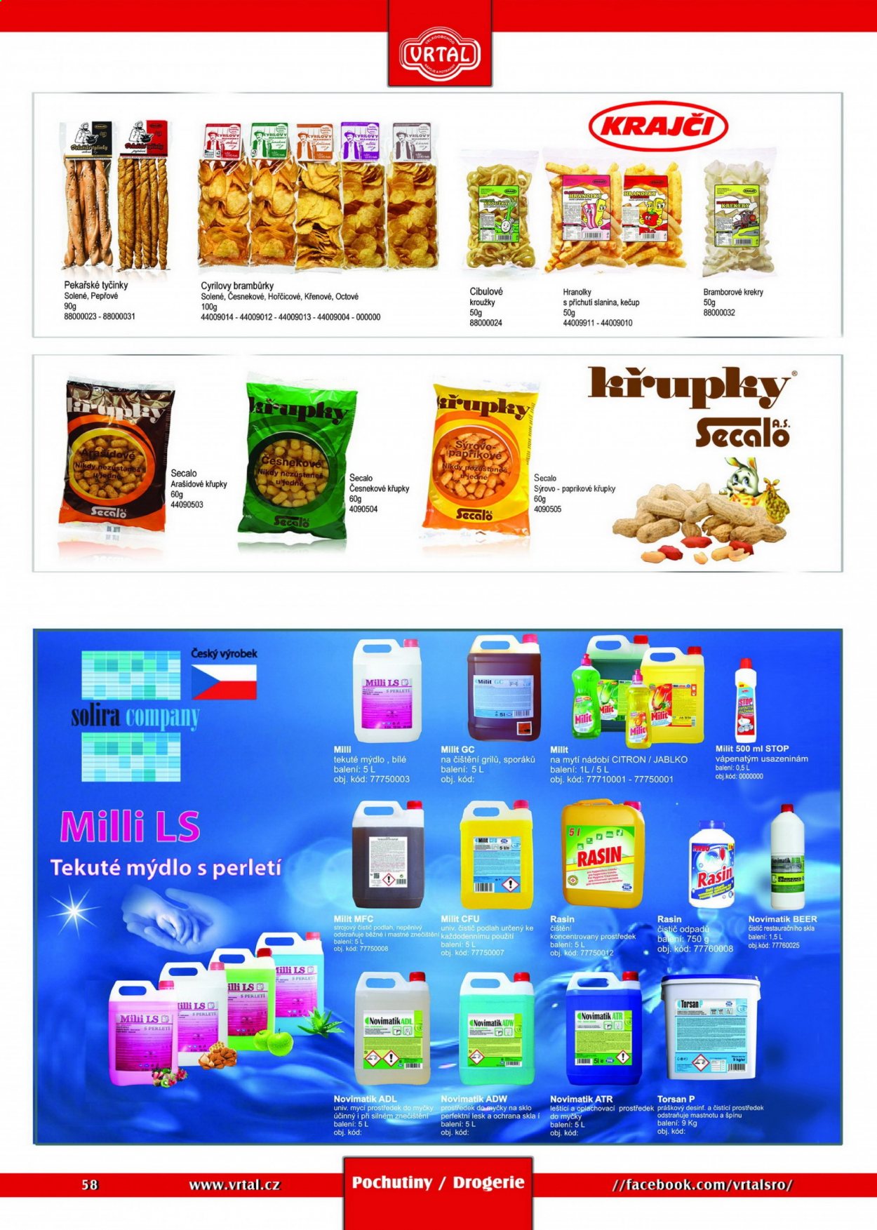 thumbnail - Leták Vrtal - Produkty v akci - cibulové kroužky, hranolky, brambůrky, křupky, slané tyčinky, křupky arašídové, krekry, chipsy. Strana 58.