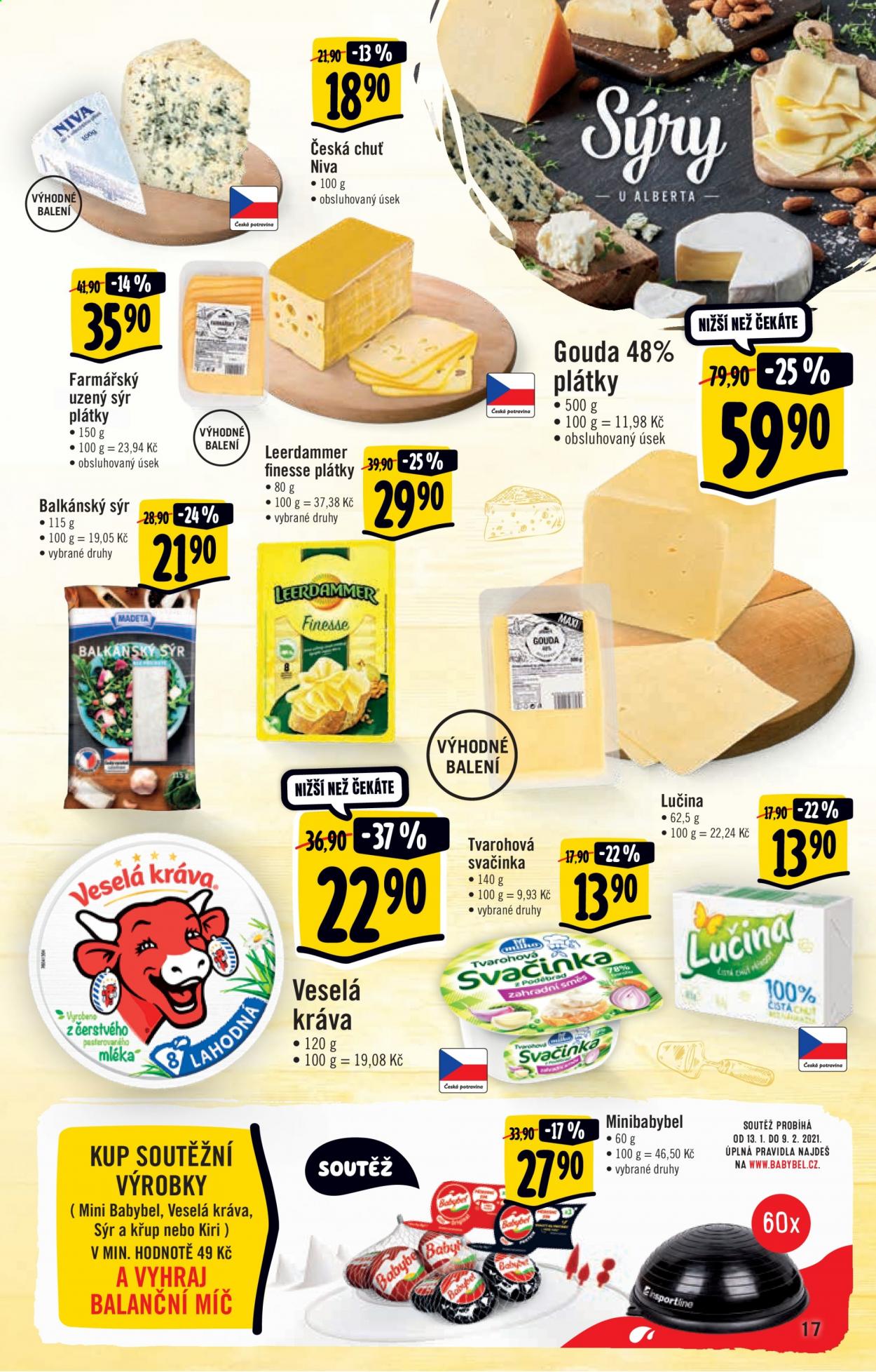 thumbnail - Leták Albert Hypermarket - 13.1.2021 - 19.1.2021 - Produkty v akci - tavený sýr, Veselá kráva, gouda, uzený sýr, Leerdammer, balkánský sýr, tvarohová svačinka, Babybel, niva, sýr, Lučina. Strana 17.