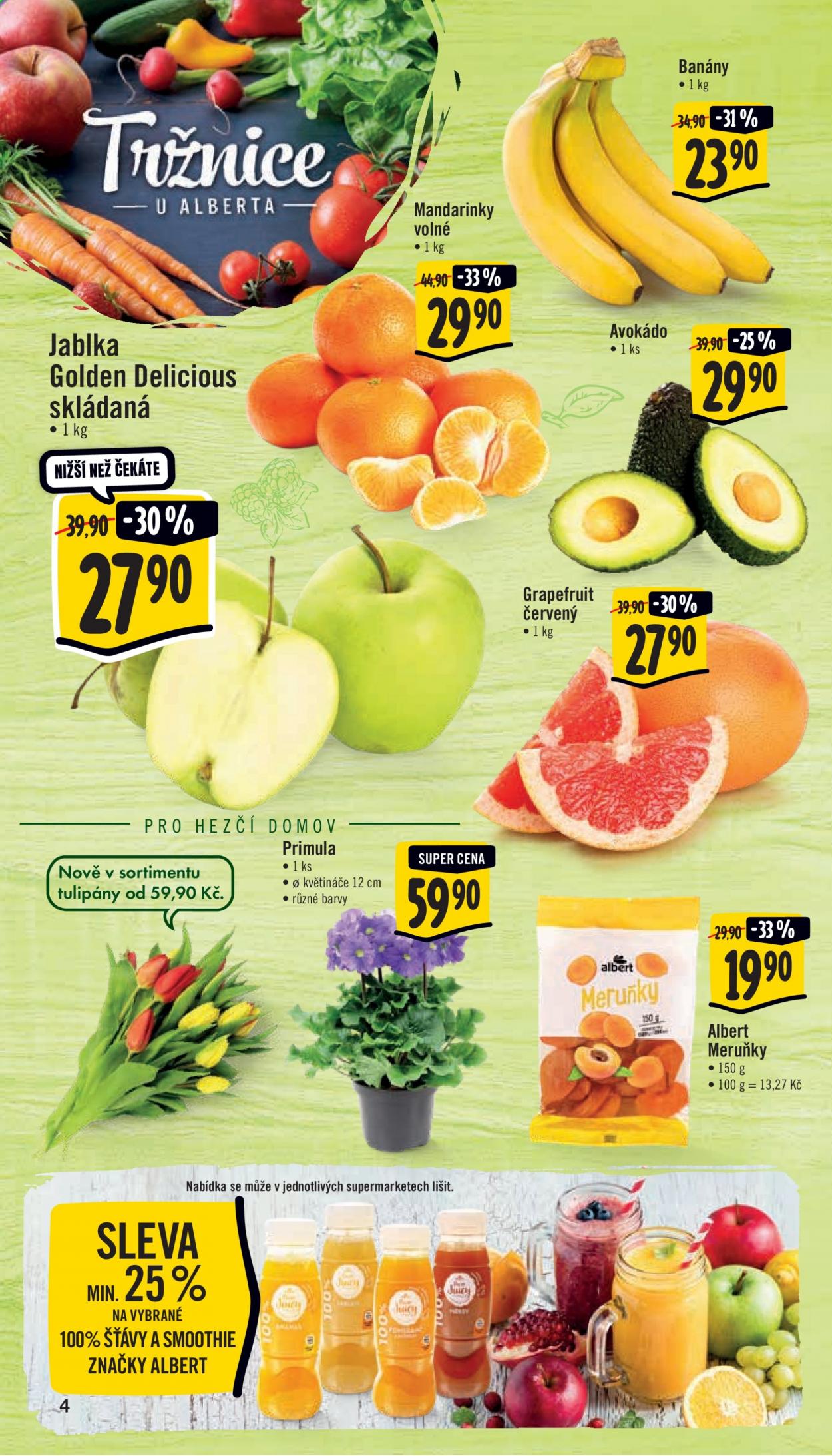thumbnail - Leták Albert Supermarket - 13.1.2021 - 19.1.2021 - Produkty v akci - jablka, Golden delicious, avokádo, sušené meruňky, Primula acaulis, banány, mandarinky, grapefruit. Strana 4.