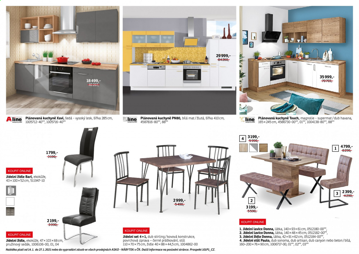 thumbnail - Leták ASKO - 14.1.2021 - 27.1.2021 - Produkty v akci - jídelní servis, látka, podsedák, deska, jídelní stůl, stůl, jídelní židle, lavice, židle. Strana 25.