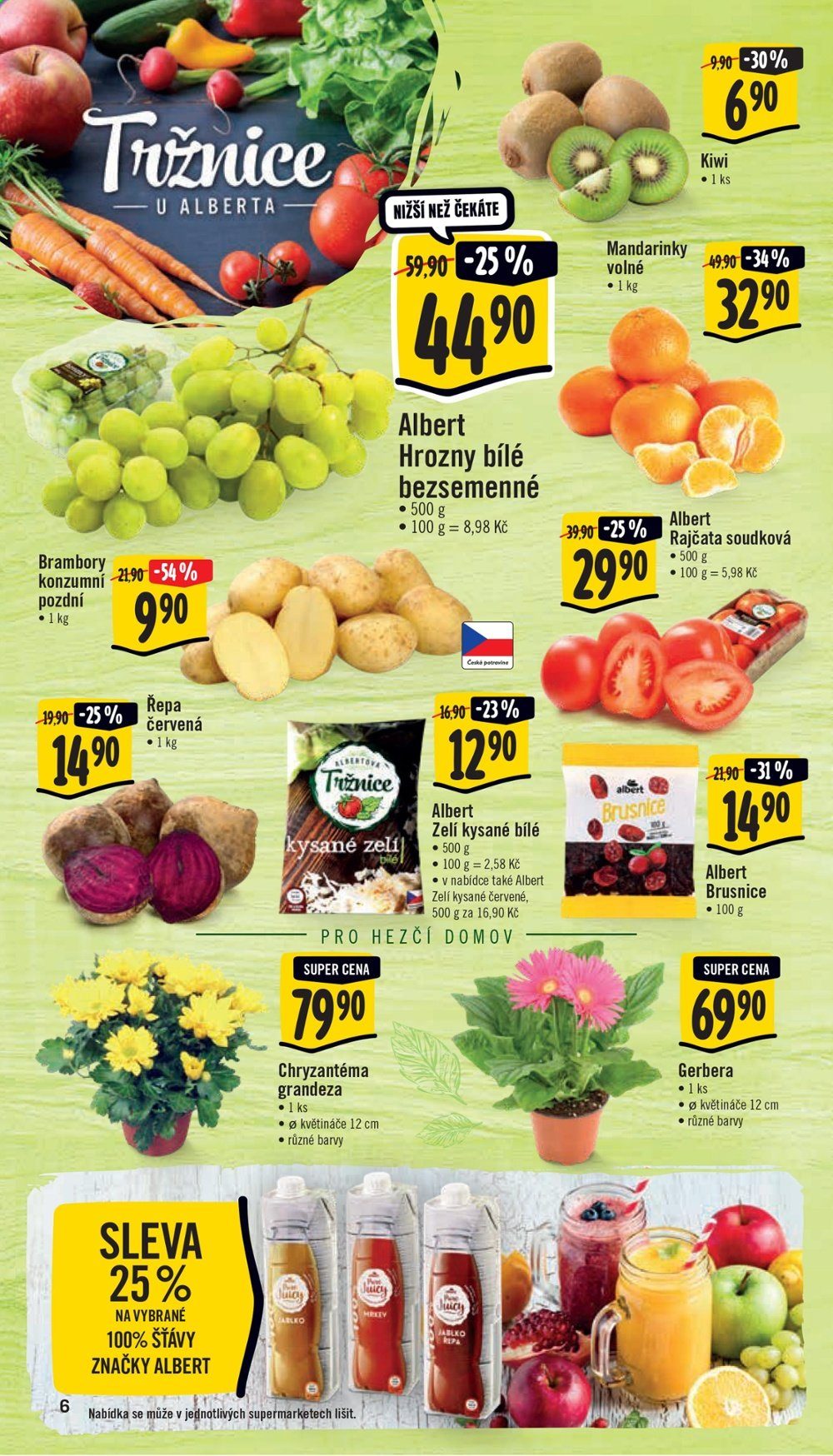 thumbnail - Leták Albert Supermarket - 27.1.2021 - 2.2.2021 - Produkty v akci - rajčata, brambory, zelí bílé, řepa, kiwi, mandarinky, hrozny, brusinky, zelí kysané, chryzantéma, gerbery. Strana 6.