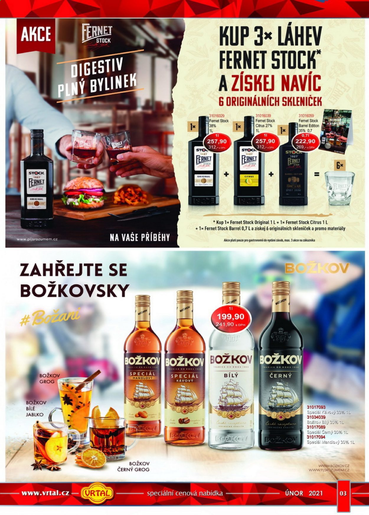 thumbnail - Leták Vrtal - 1.2.2021 - 28.2.2021 - Produkty v akci - jablka, alkohol, Fernet Stock, Božkov, bylinný likér. Strana 3.
