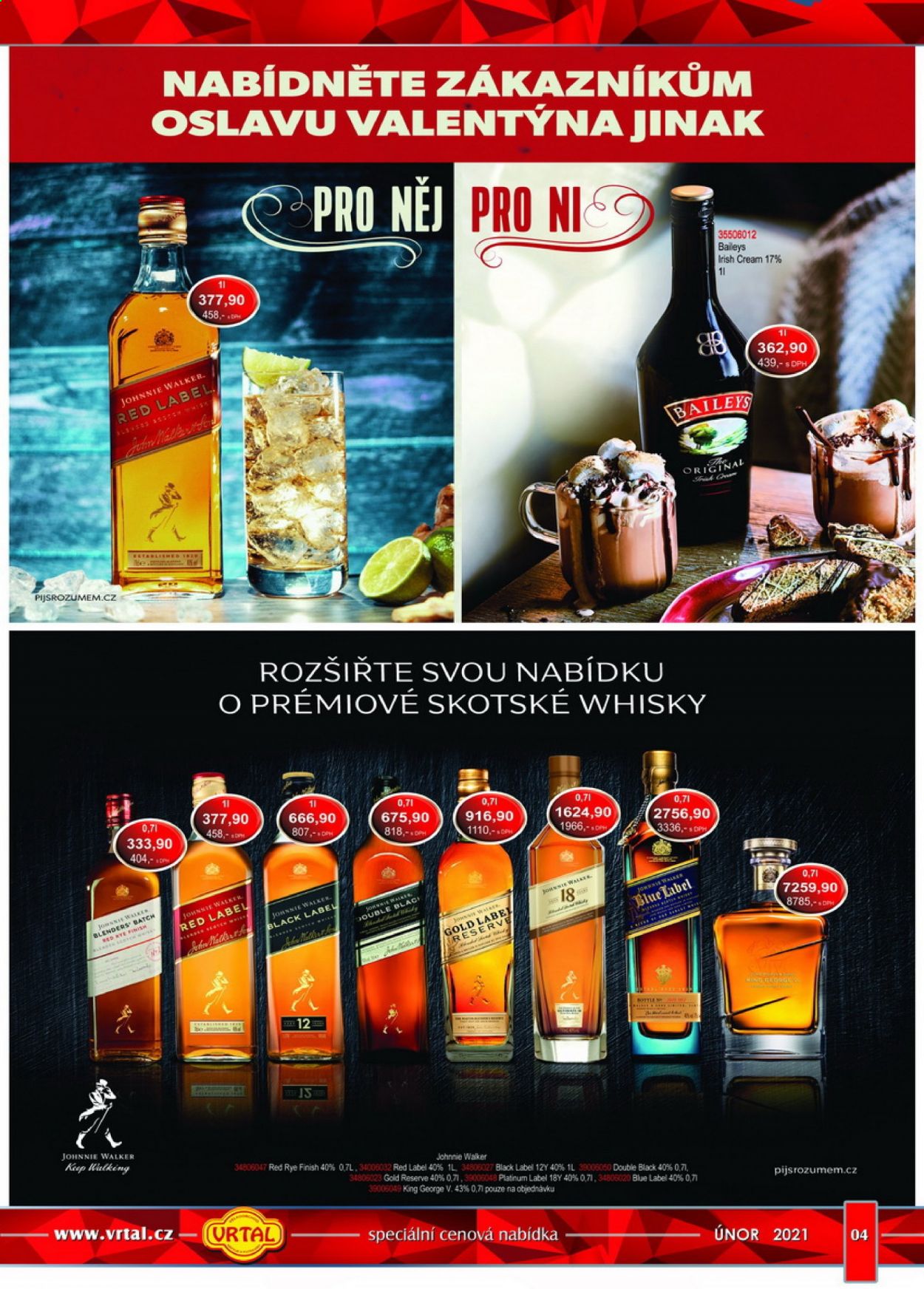 thumbnail - Leták Vrtal - 1.2.2021 - 28.2.2021 - Produkty v akci - alkohol, whisky, likér, Johnnie Walker, Baileys, Red Label. Strana 4.