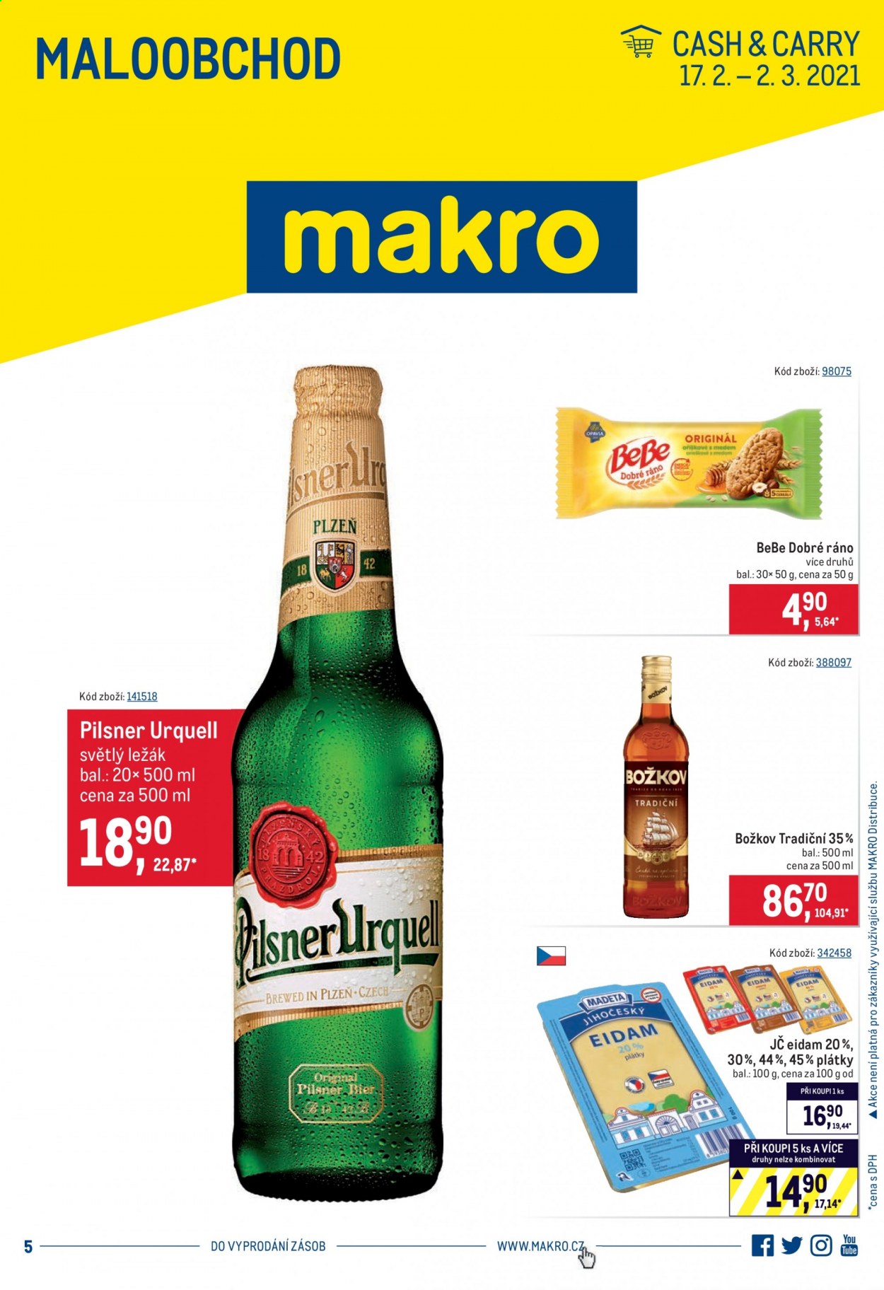 thumbnail - Leták MAKRO - 17.2.2021 - 2.3.2021 - Produkty v akci - Pilsner Urquell, pivo, alkohol, Božkov, BeBe, BeBe Dobré ráno, eidam. Strana 1.