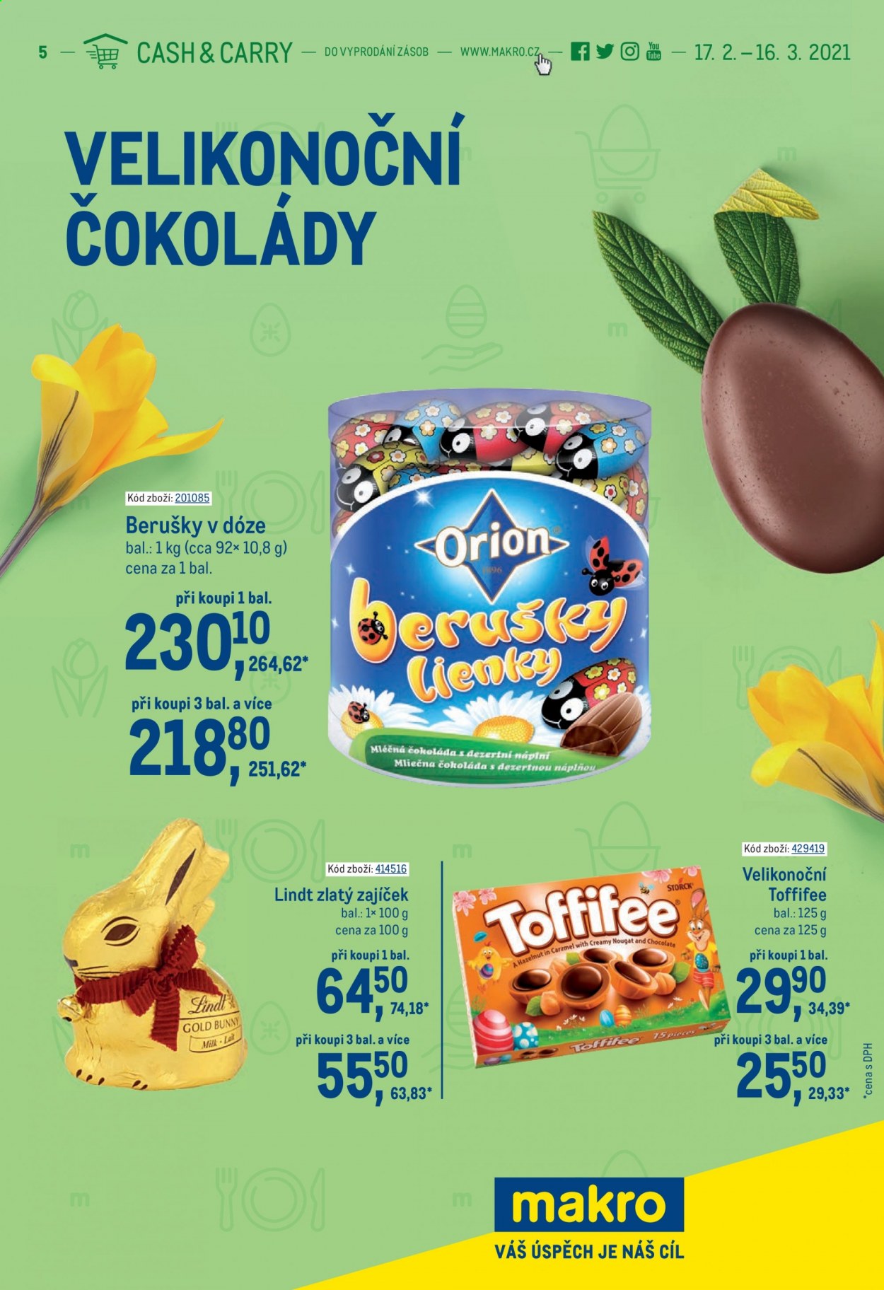 thumbnail - Leták MAKRO - 17.2.2021 - 16.3.2021 - Produkty v akci - velikonoční zajíček, Orion, mléčná čokoláda, Toffifee, Lindt, bonboniéra, čokoládová figurka, čokoládový zajíček. Strana 1.
