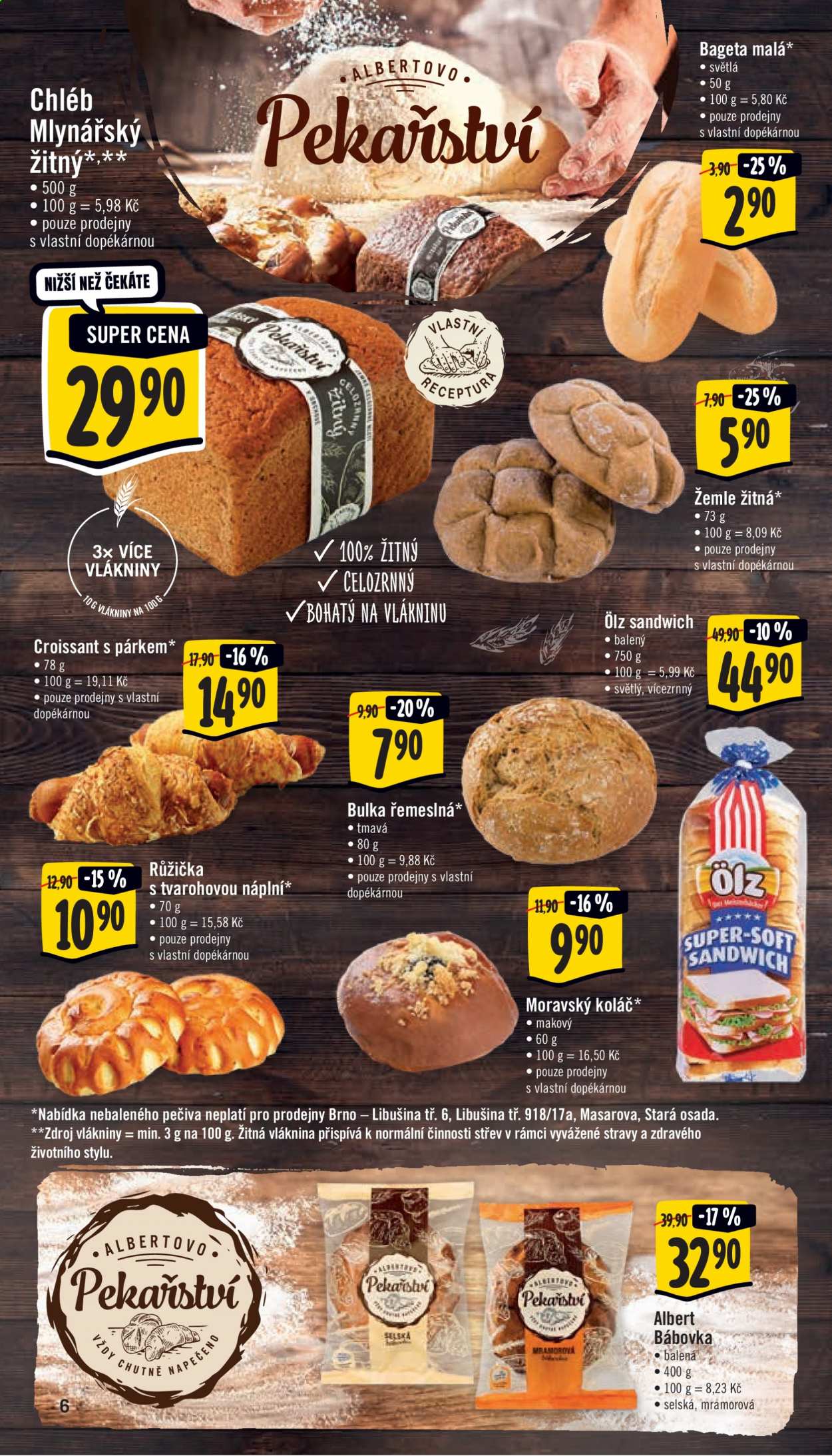 thumbnail - Leták Albert Supermarket - 17.2.2021 - 23.2.2021 - Produkty v akci - chléb, croissant s párkem, bageta, bábovka, žemle, Žitná, bulka, koláč, toustový chléb, Ölz. Strana 6.