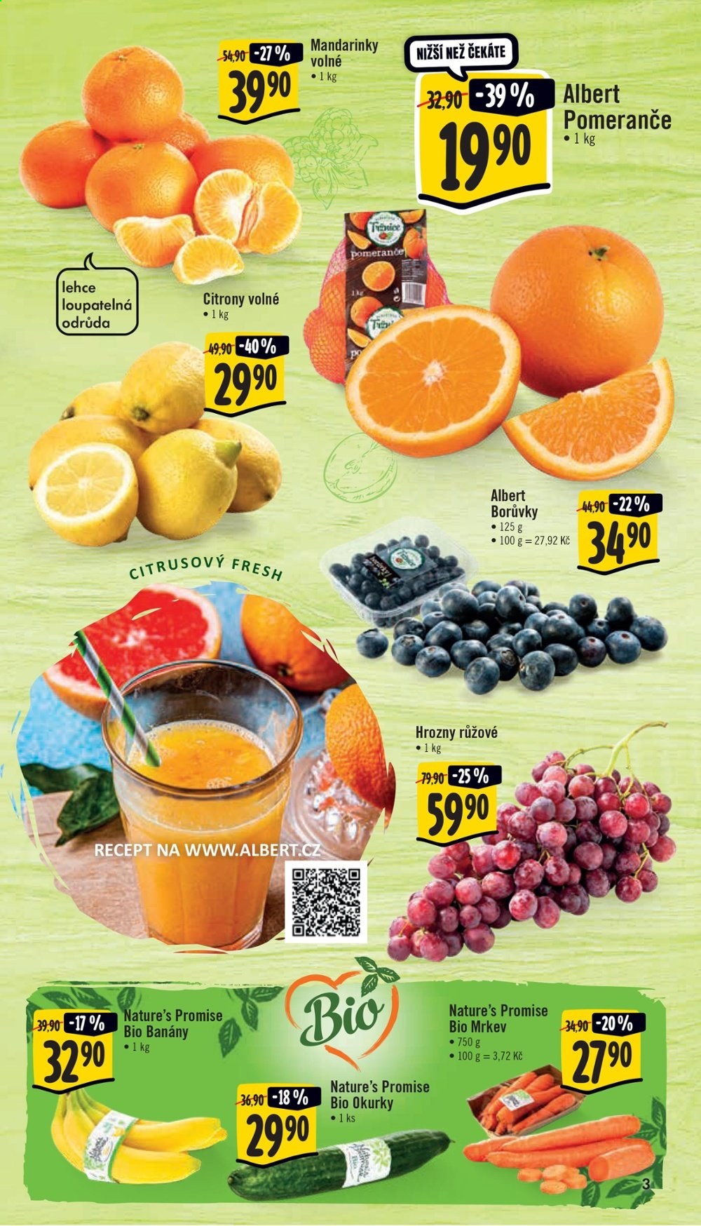 thumbnail - Leták Albert Supermarket - 24.2.2021 - 2.3.2021 - Produkty v akci - salátová okurka, mrkev, banány, citróny, mandarinky, hrozny, borůvky, pomeranče, Nature's Promise, kyselé okurky. Strana 3.