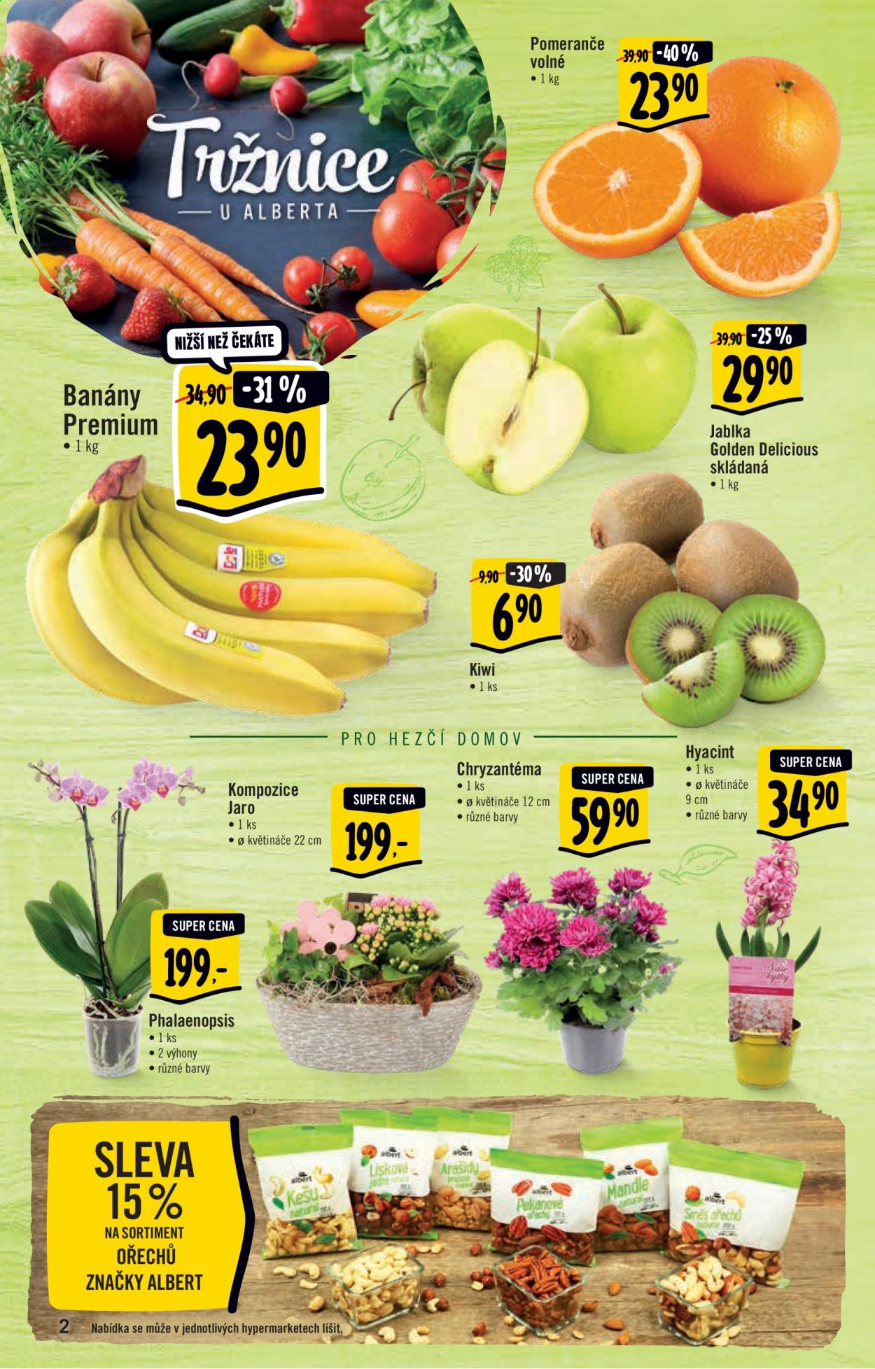 thumbnail - Leták Albert Hypermarket - 24.2.2021 - 2.3.2021 - Produkty v akci - kiwi, banány, jablka, pomeranče, Golden delicious, kešu, arašídy, mandle, chryzantéma, orchidea. Strana 2.