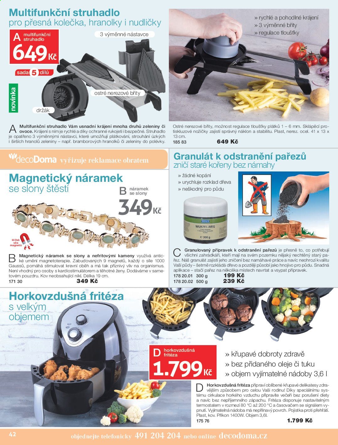 thumbnail - Leták decoDoma - Produkty v akci - struhadlo, fritéza, horkovzdušná fritéza, kolečko, magnetický náramek. Strana 40.