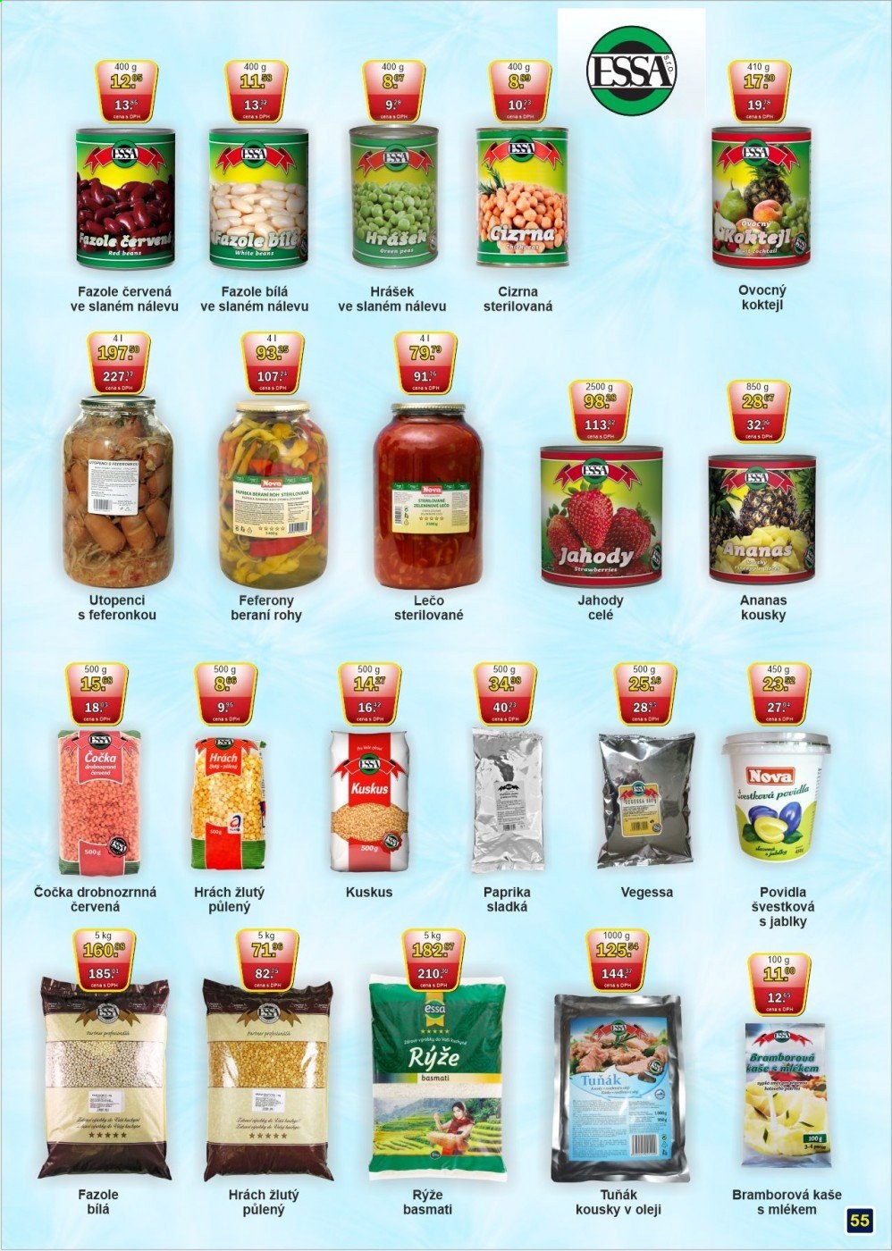 thumbnail - Leták Adam velkoobchod Šternberk - 1.3.2021 - 31.3.2021 - Produkty v akci - paprika, hrášek, paprika sladká, ananas, jahody, tuňák, utopenci, kaše, bramborová kaše, ESSA, fazole, lečo, cizrna, fazole bílá, feferóny, ananasový kompot, hrášek slaný nálev, fazole červená, beraní rohy, rýže, kuskus, čočka, hrách, rýže basmati, švestková povidla. Strana 55.