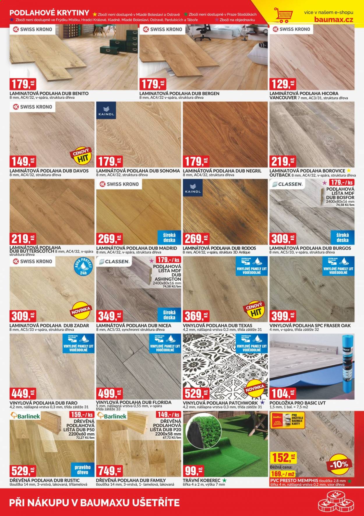 thumbnail - Leták Baumax - 1.3.2021 - 31.3.2021 - Produkty v akci - deska, podlahová lišta, podlahové krytiny, podlaha, dřevěná podlaha, vinylová podlaha, laminátová podlaha, podložka, travní koberec. Strana 13.