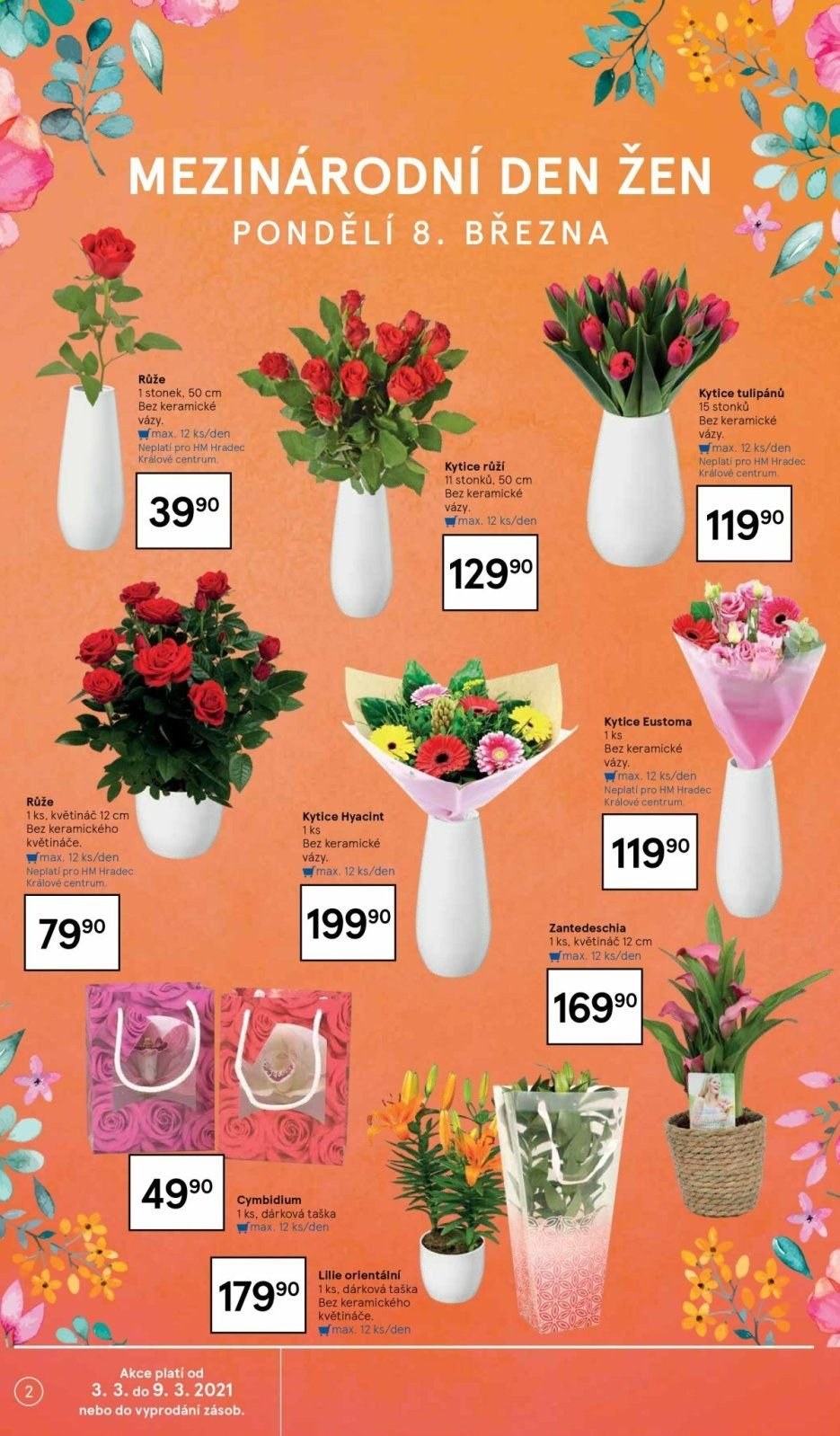 thumbnail - Leták TESCO - 3.3.2021 - 9.3.2021 - Produkty v akci - dárková taška, orchidea, růže, kytice, hyacint, lilie, květináč. Strana 2.