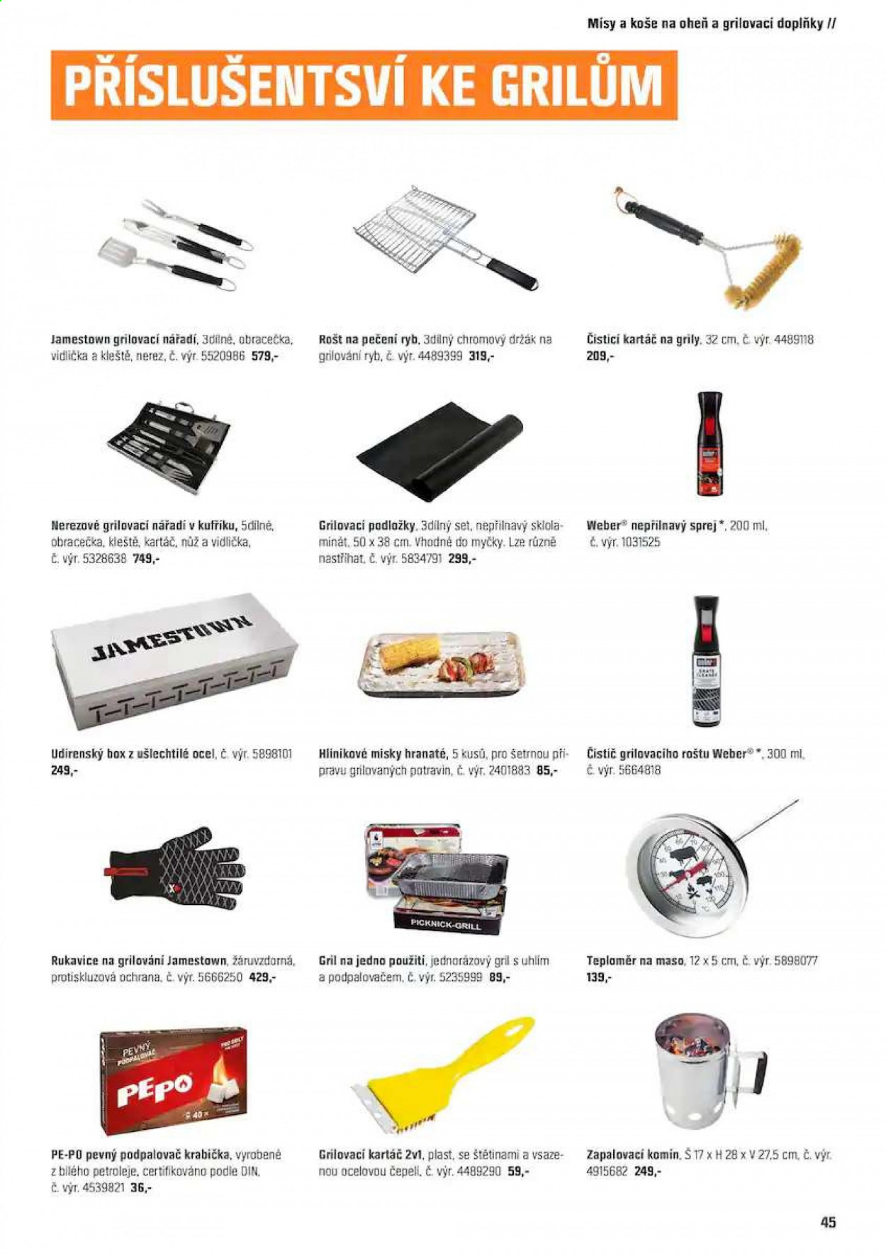 thumbnail - Leták OBI - Produkty v akci - Weber, podpalovač, Pepo, pevný podpalovač, rukavice, grilovací náčiní, obracečka, zapalovací komín, kartáč na gril, kartáč, grilovací tácky. Strana 45.