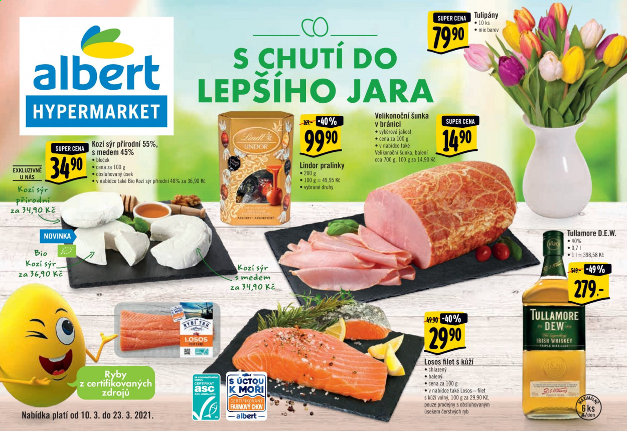 thumbnail - Leták Albert Hypermarket - 10.3.2021 - 23.3.2021 - Produkty v akci - Lindor, pralinky, tulipány, losos, šunka, Tullamore Dew, kozí sýr, sýr. Strana 1.