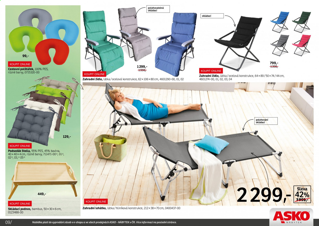 thumbnail - Leták ASKO - Produkty v akci - podnos, látka, podsedák, cestovní polštář, židle, lehátko, zahradní lehátko, zahradní židle. Strana 9.