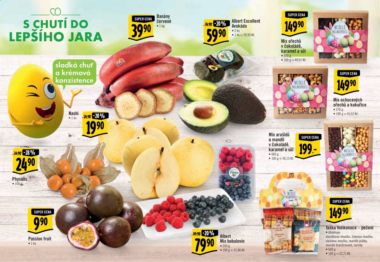 thumbnail - Leták Albert Hypermarket - 24.3.2021 - 6.4.2021 - Produkty v akci - nashi, physalis, banány, marakuja, avokádo, mandle, rozinky, taška, ořechy, ořechy v čokoládě. Strana 24.