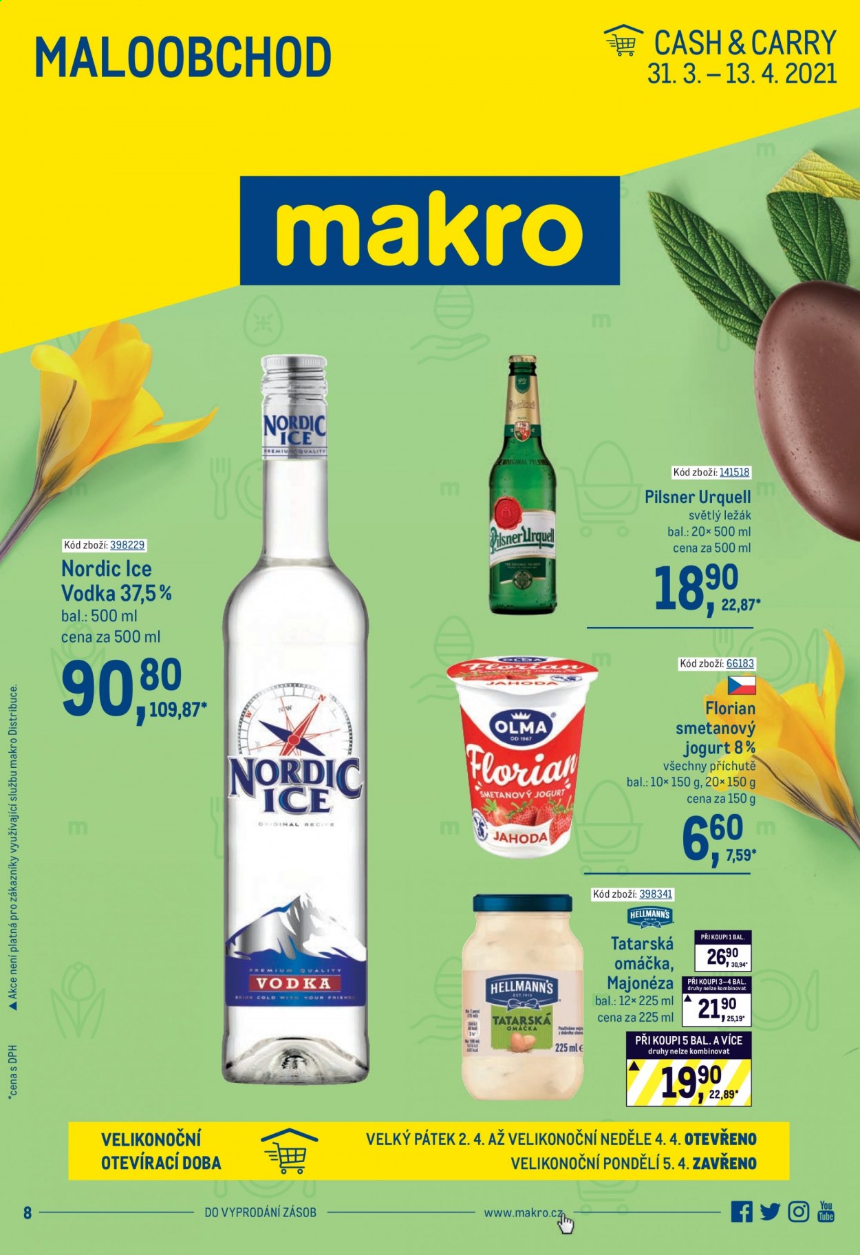thumbnail - Leták MAKRO - 31.3.2021 - 13.4.2021 - Produkty v akci - vodka, jogurt, Florian, smetanový jogurt, Pilsner Urquell, pivo, alkohol, majonéza, tatarská omáčka. Strana 1.