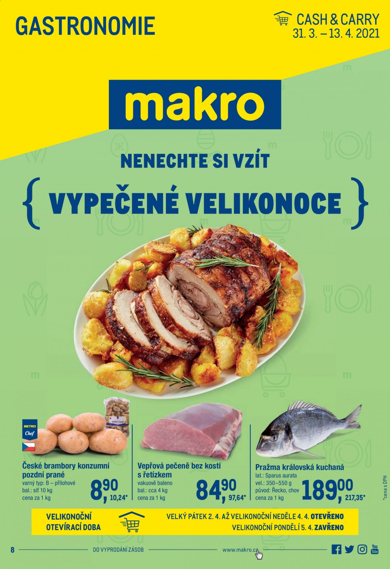 thumbnail - Leták MAKRO - 31.3.2021 - 13.4.2021 - Produkty v akci - vepřová pečeně, pražma, brambory. Strana 1.