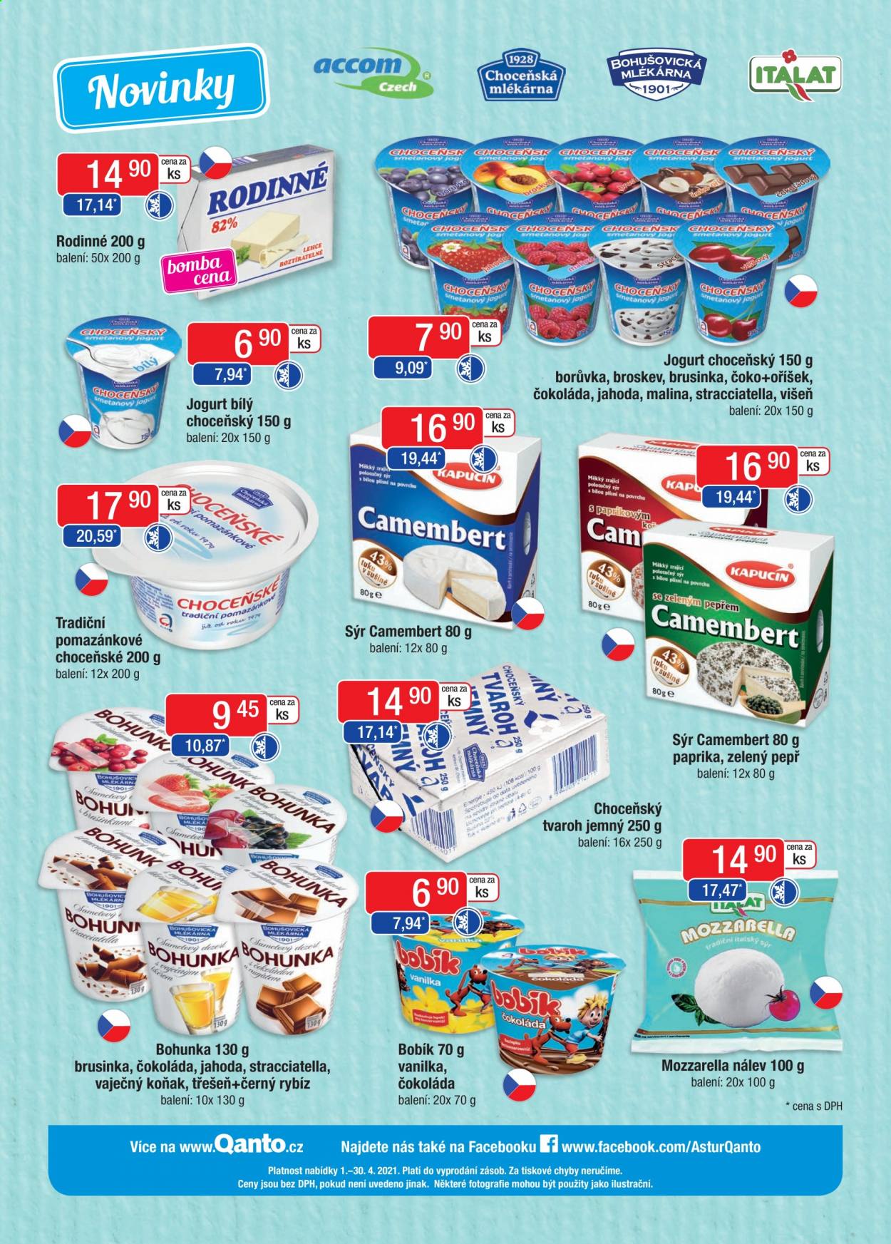 thumbnail - Leták Astur & Qanto velkoobchod - 1.4.2021 - 30.4.2021 - Produkty v akci - Rodinné 82%, bílý jogurt, pomazánkové máslo, mozzarella, jogurt, camembert, sýr, tvaroh, Bobík, Bohunka. Strana 32.