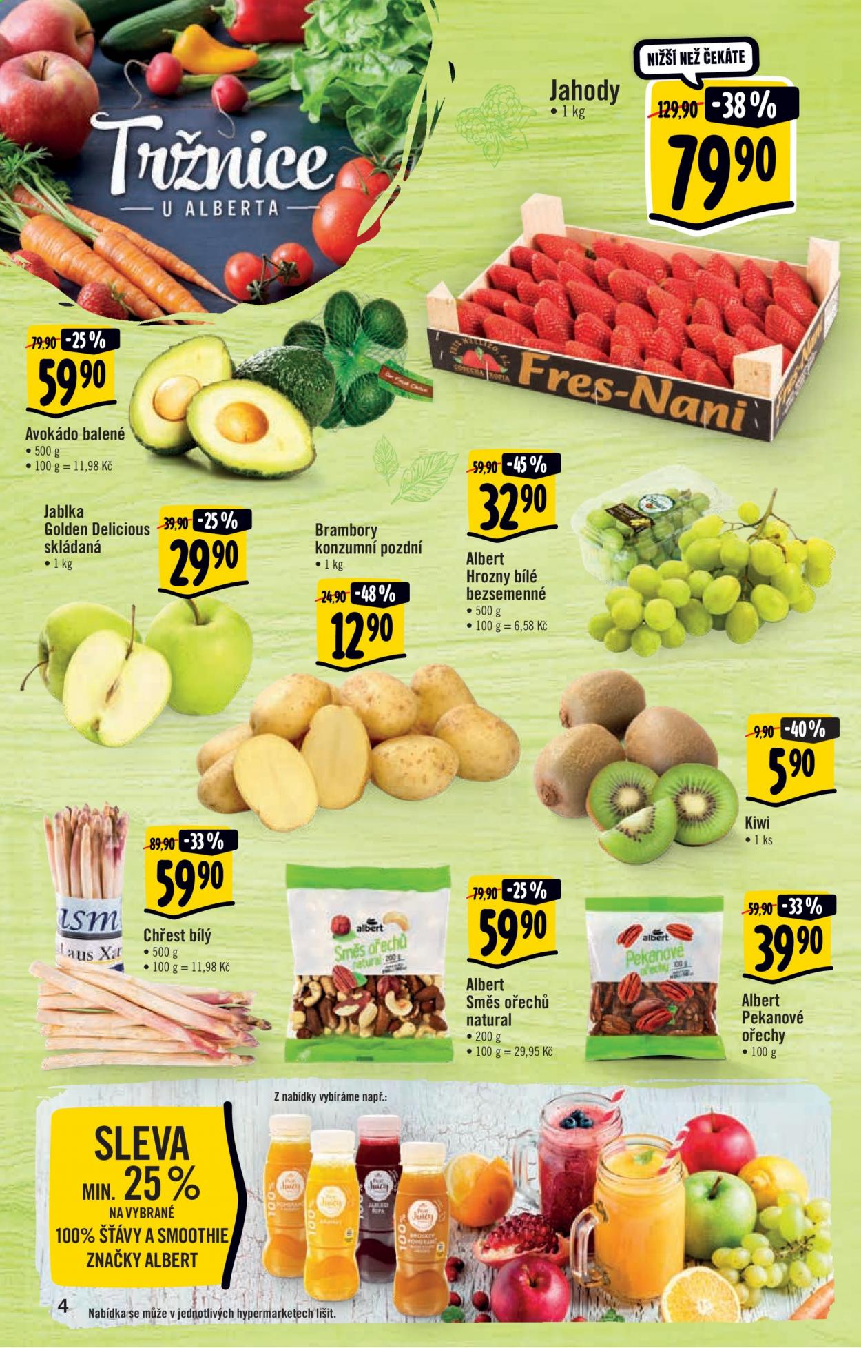 thumbnail - Leták Albert Hypermarket - 7.4.2021 - 13.4.2021 - Produkty v akci - jahody, brambory, hrozny, pekanové ořechy, chřest, Golden delicious, jablka, kiwi, avokádo, ořechy. Strana 4.