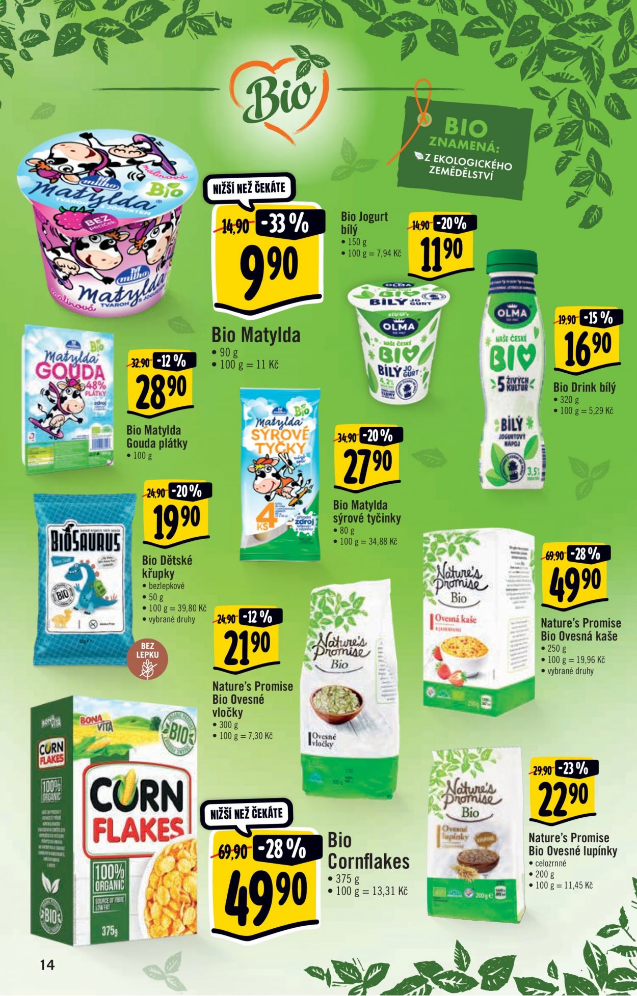 thumbnail - Leták Albert Hypermarket - 7.4.2021 - 13.4.2021 - Produkty v akci - kukuřičné lupínky, gouda, sýr, lupínky, kaše, ovesná kaše, křupky, bílý jogurt, bio jogurt, jogurt, mléčný nápoj, Matylda, tyčinky sýrové, Nature's Promise, ovesné vločky. Strana 14.