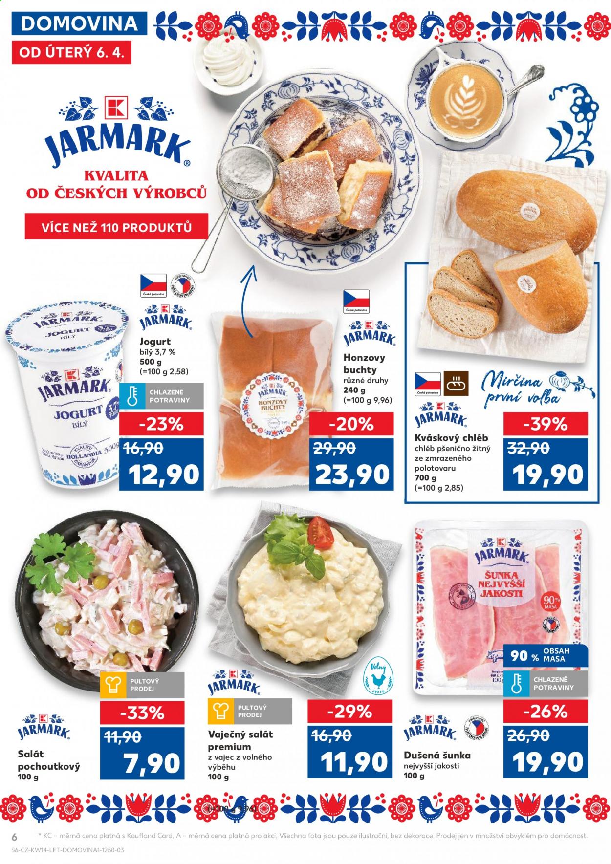 thumbnail - Leták Kaufland - 6.4.2021 - 13.4.2021 - Produkty v akci - pochoutkový salát, vaječný salát, šunka, šunka dušená, šunka nejvyšší jakosti, jogurt, buchty, chléb, kváskový chléb. Strana 6.