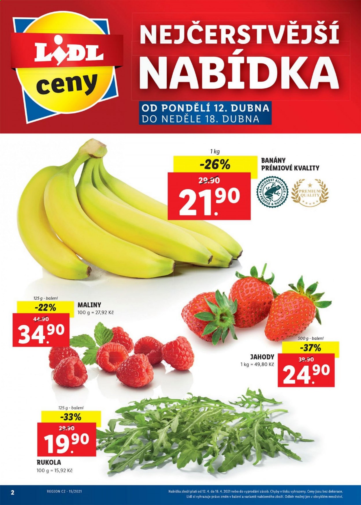 thumbnail - Leták Lidl - 12.4.2021 - 18.4.2021 - Produkty v akci - rukola, banány, jahody, maliny. Strana 2.