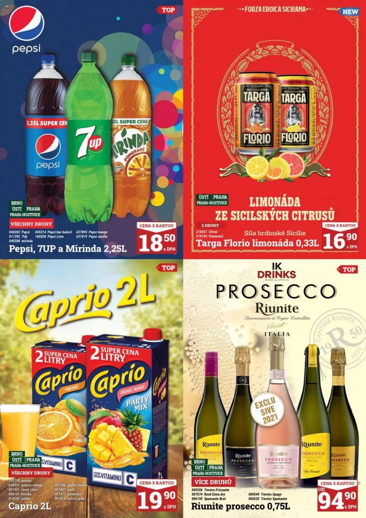 thumbnail - Leták Tamda Foods - 7.4.2021 - 13.4.2021 - Produkty v akci - ananas, Party Mix, slaný mix, limonáda, Mirinda, Pepsi, džus, 7UP, Caprio, Targa Florio, alkohol, Prosecco, Frizzante, šumivé víno, Brut, perlivé víno. Strana 17.