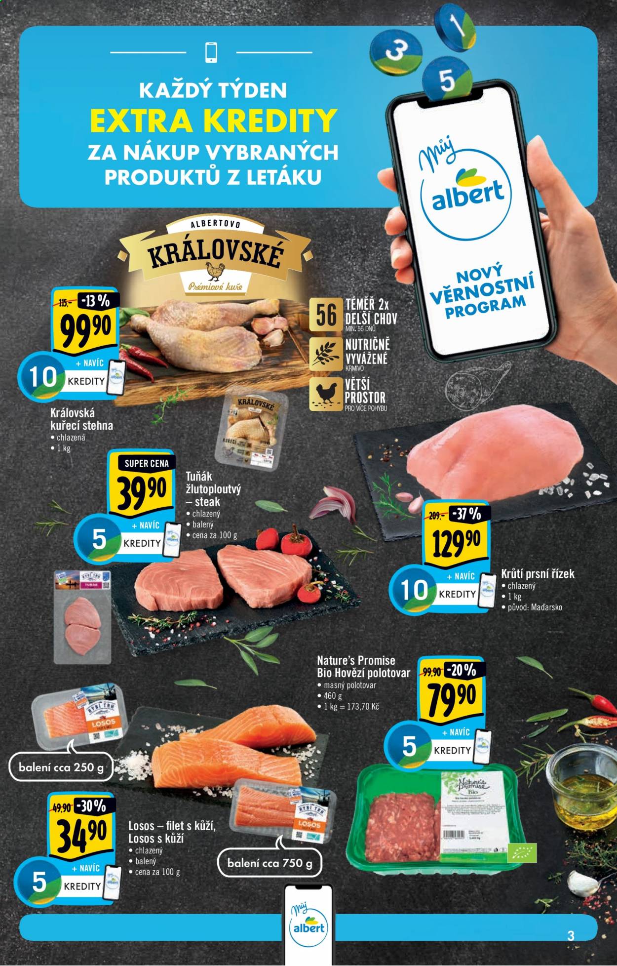 thumbnail - Leták Albert Hypermarket - 14.4.2021 - 20.4.2021 - Produkty v akci - kuřecí maso, kuřecí stehna, steak, tuňák, losos, krůtí maso, krůtí prsní řízky, hovězí maso, Nature's Promise. Strana 3.