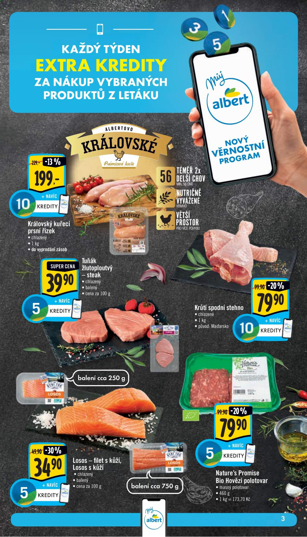 thumbnail - Leták Albert Supermarket - 14.4.2021 - 20.4.2021 - Produkty v akci - kuřecí maso, krůtí stehno, hovězí maso, Nature's Promise, steak, tuňák, losos. Strana 3.