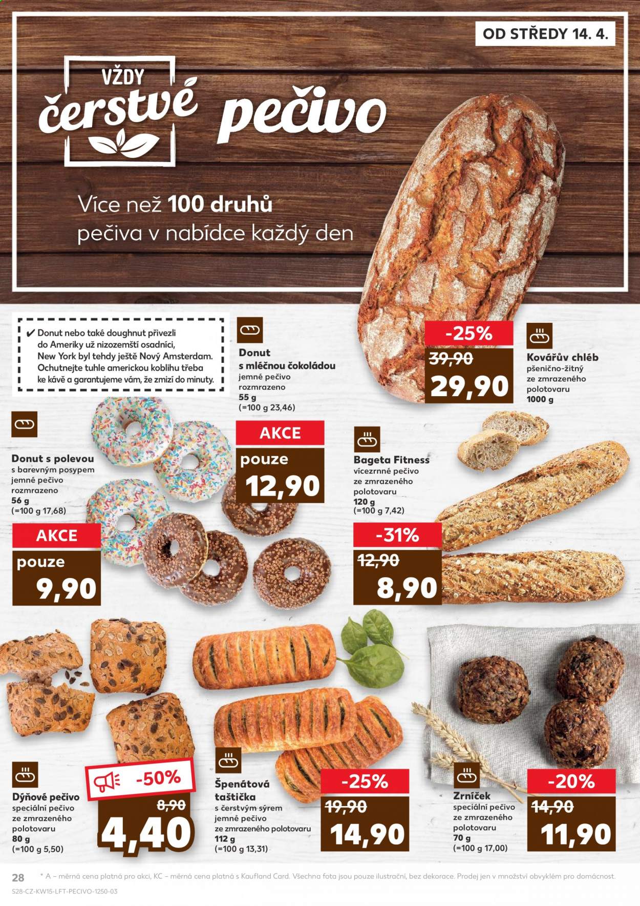 thumbnail - Leták Kaufland - 14.4.2021 - 20.4.2021 - Produkty v akci - dýňové pečivo, plněné taštičky, bageta, donut, pečivo, chléb. Strana 28.