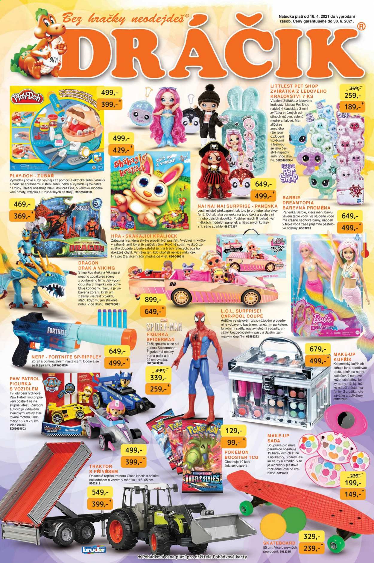 thumbnail - Leták DRÁČIK - 16.4.2021 - 30.6.2021 - Produkty v akci - oční stíny, rtěnka, Littlest Pet Shop, Spiderman, zrcadlo, figurka, Barbie, drak, panenka, NERF, Play-Doh, Pokémon, zvířátko, králíček, autíčko, traktor, L.O.L. Surprise, hračky, Tlapková patrola, pilník na nehty. Strana 1.