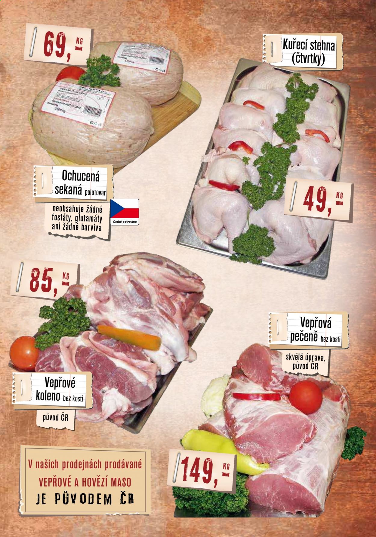 thumbnail - Leták Maso Třebovle - 1.5.2021 - 31.5.2021 - Produkty v akci - kuřecí maso, kuřecí stehna, vepřová pečeně, vepřové koleno, sekaná. Strana 3.