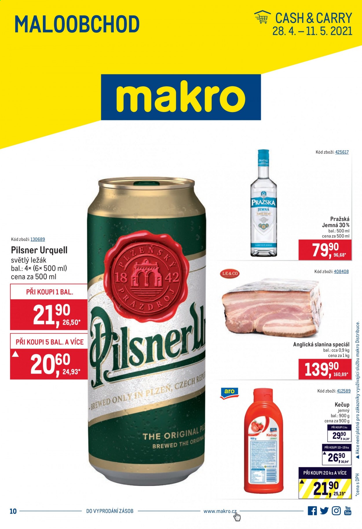 thumbnail - Leták MAKRO - 28.4.2021 - 11.5.2021 - Produkty v akci - ležák, Pilsner Urquell, pivo, světlé pivo, světlý ležák, anglická slanina, slanina, alkohol, Pražská vodka, kečup. Strana 1.