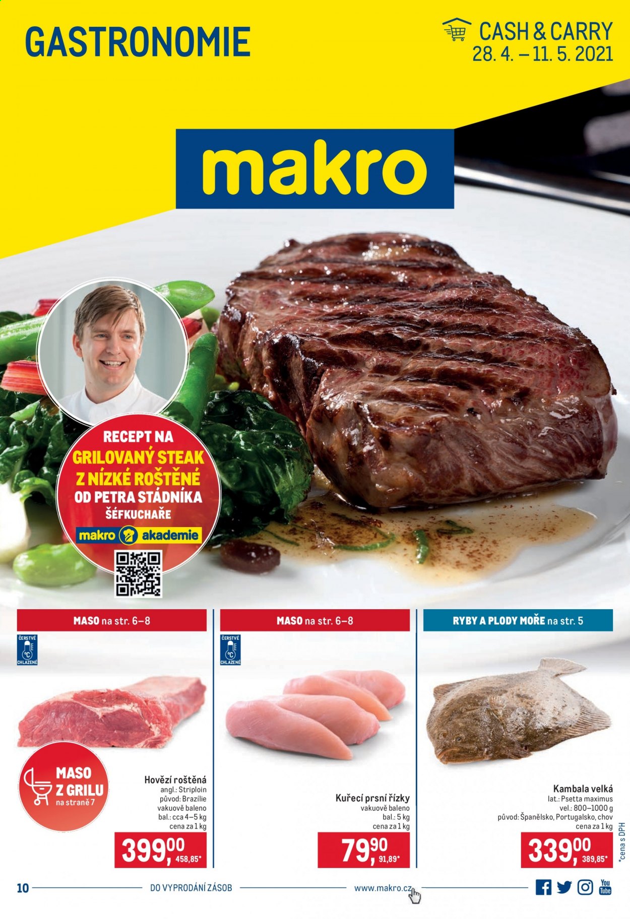 thumbnail - Leták MAKRO - 28.4.2021 - 11.5.2021 - Produkty v akci - kambala, hovězí maso, hovězí nízká roštěná, kuřecí maso, kuřecí prsa. Strana 1.