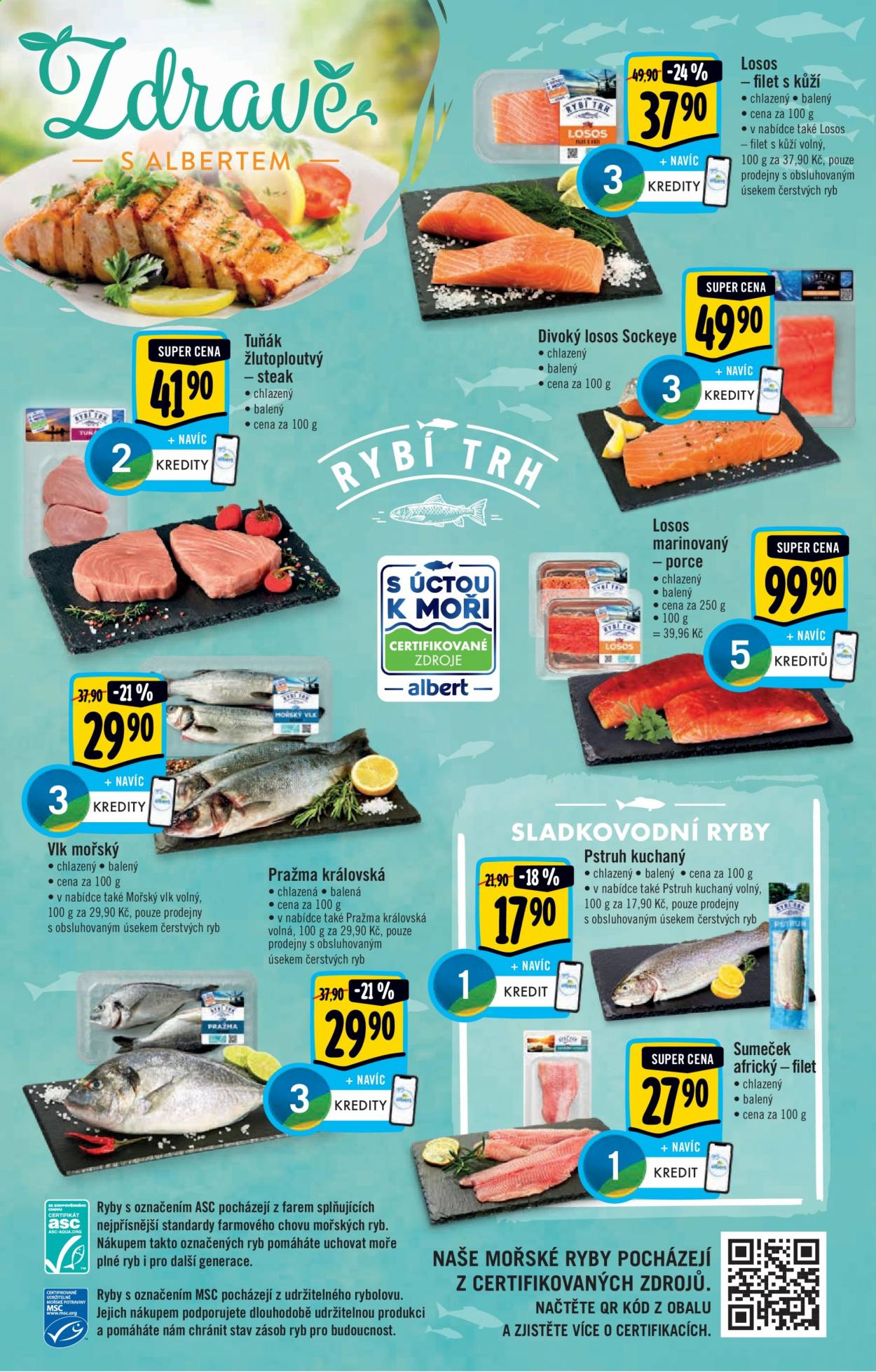 thumbnail - Leták Albert Hypermarket - 28.4.2021 - 4.5.2021 - Produkty v akci - losos marinovaný, pangasius, pstruh, steak, tuňák, losos, mořský vlk, pražma. Strana 12.