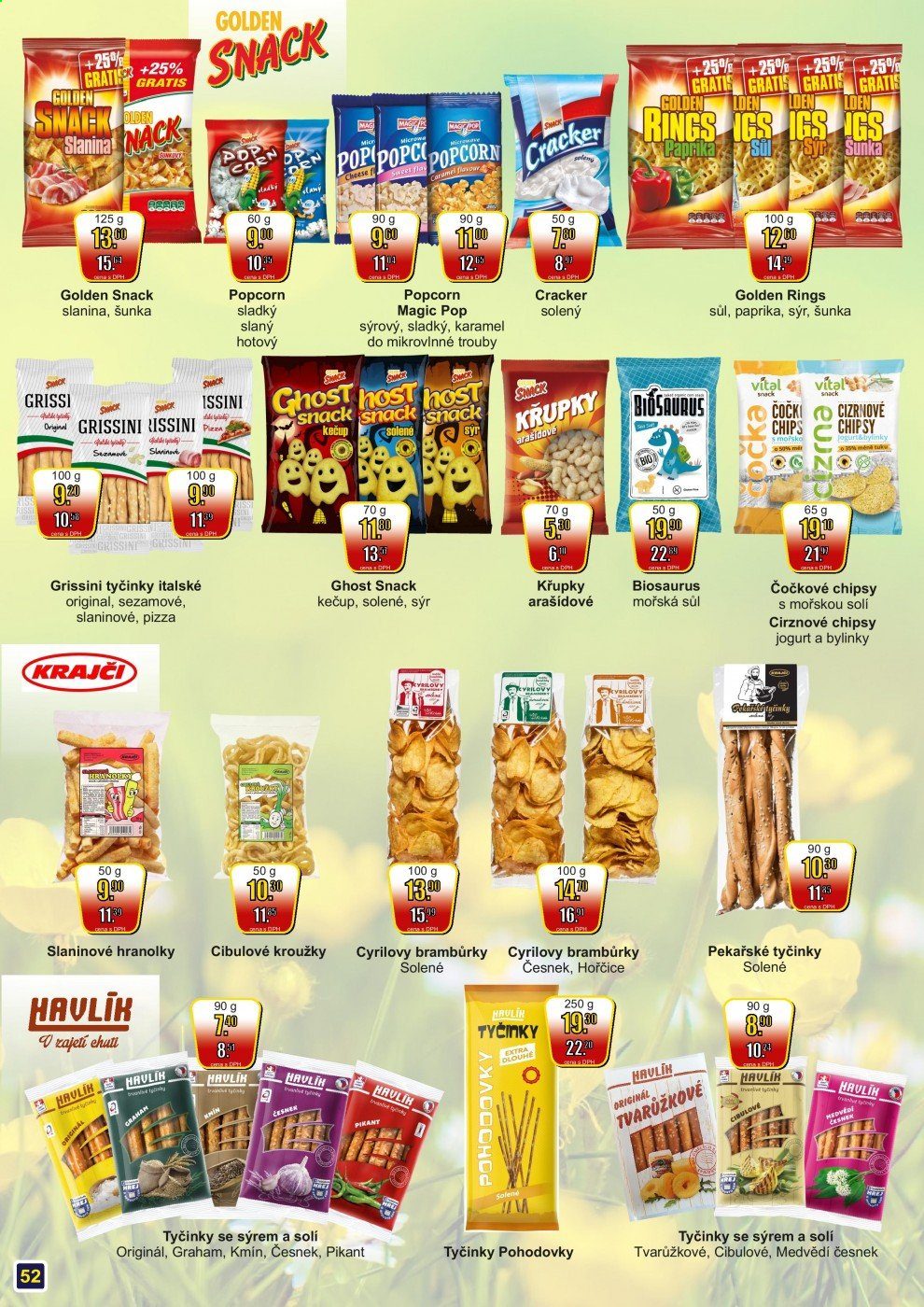 thumbnail - Leták Adam velkoobchod Šternberk - 1.5.2021 - 31.5.2021 - Produkty v akci - medvědí česnek, šunka, pizza, jogurt, cibulové kroužky, hranolky, brambůrky, křupky, slané tyčinky, tyčinky sýrové, popcorn, křupky arašídové, Biosaurus, Grissini, Golden Snack, chipsy, cracker, slaný snack, italské tyčinky, kmín. Strana 52.
